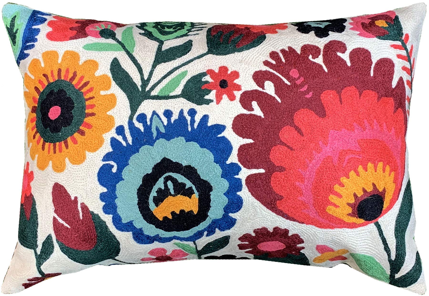 Hand Embroidered Wool Lumbar Pillow Cover 14x20 Inch - Floral Polish Design, Modern Farmhouse Accent for Chair, Sofa & Couch | Perfect for Living Room Decor, Bedroom Throw Pillow & Cozy Home Styling