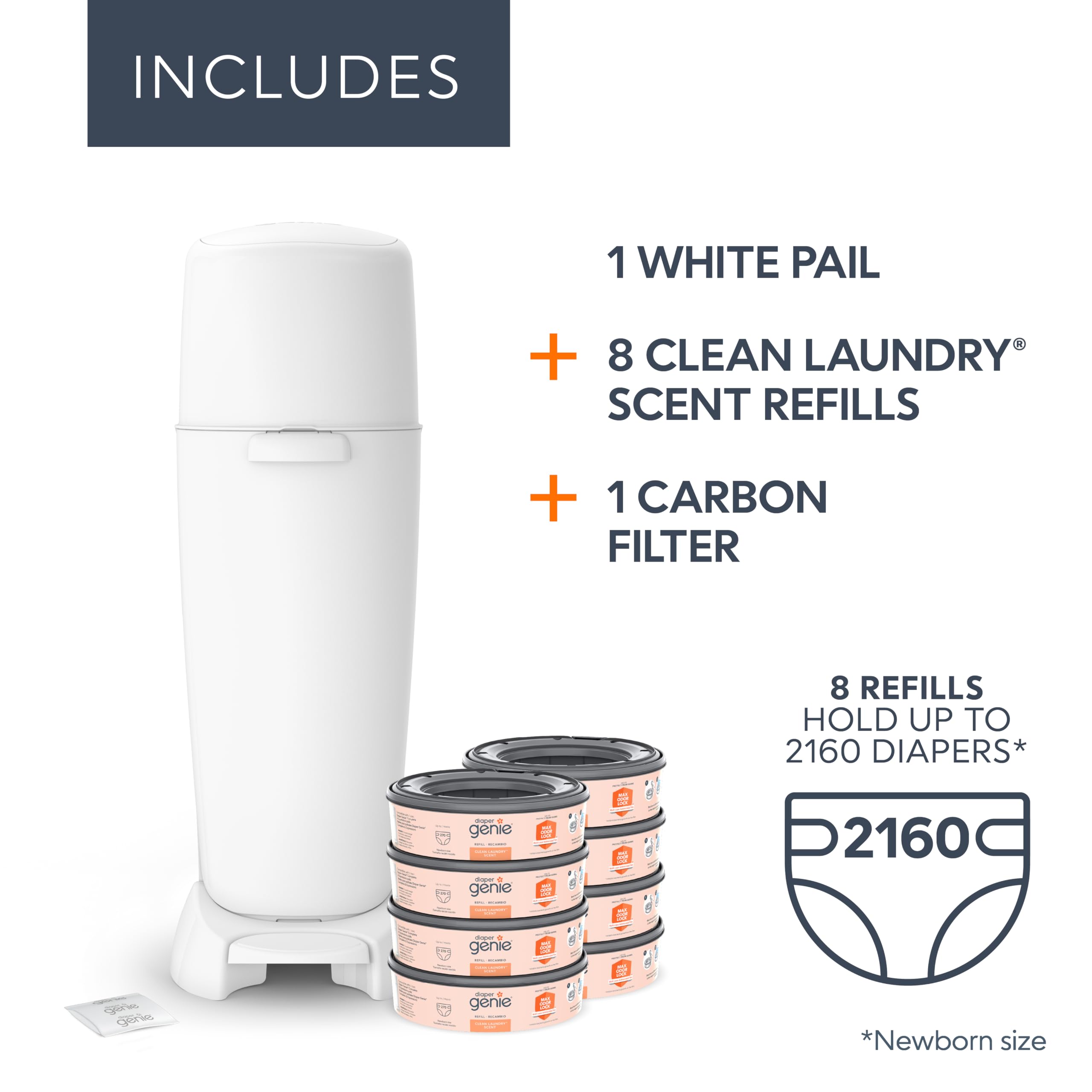 Diaper Genie Complete Diaper Pail with 8 Refill Bags & Carbon Filter - Baby Registry Gift Set | Essential Nursery Starter Kit for New Parents | Odor Control & Convenient Diaper Disposal System