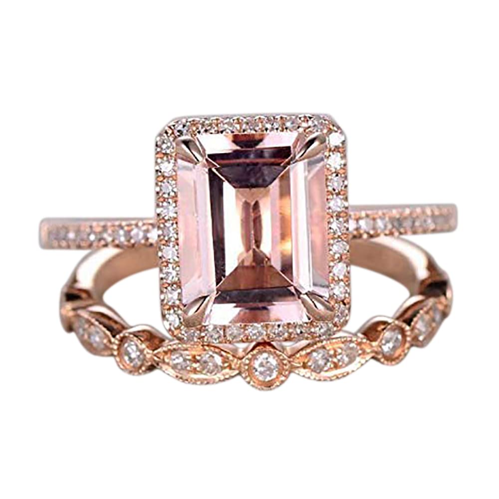1.50 Carat Emerald Cut Morganite & Diamond Halo Bridal Ring Set in 18K Gold Plating - Elegant Wedding & Engagement Jewelry for Brides, Anniversary Gift