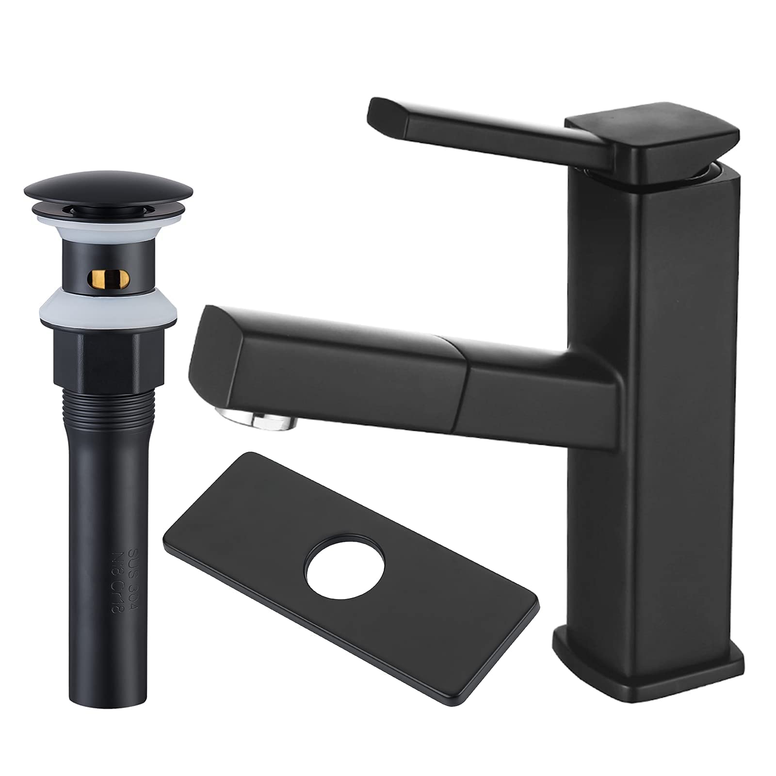 KAIYING Matte Black Bathroom Sink Faucet with Pull-Out Sprayer & Pop-Up Drain Stopper - 6