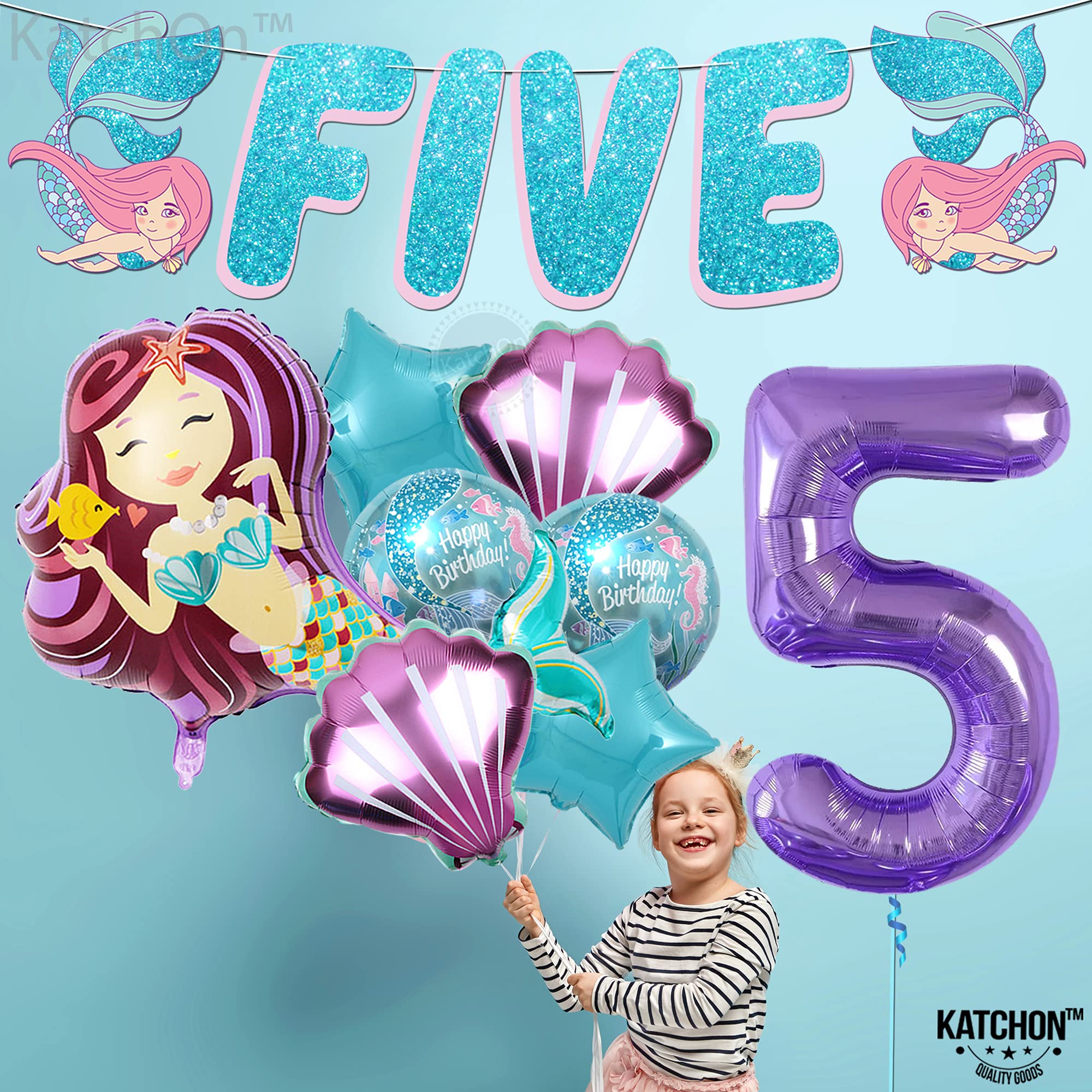 Shiny Mermaid 5th Birthday Party Decorations for Girls - Pack of 9 Including Balloons & Banner | Mermaid Themed Party Supplies for Kids Birthday | Perfect for Underwater, Ocean or Princess Themed Parties