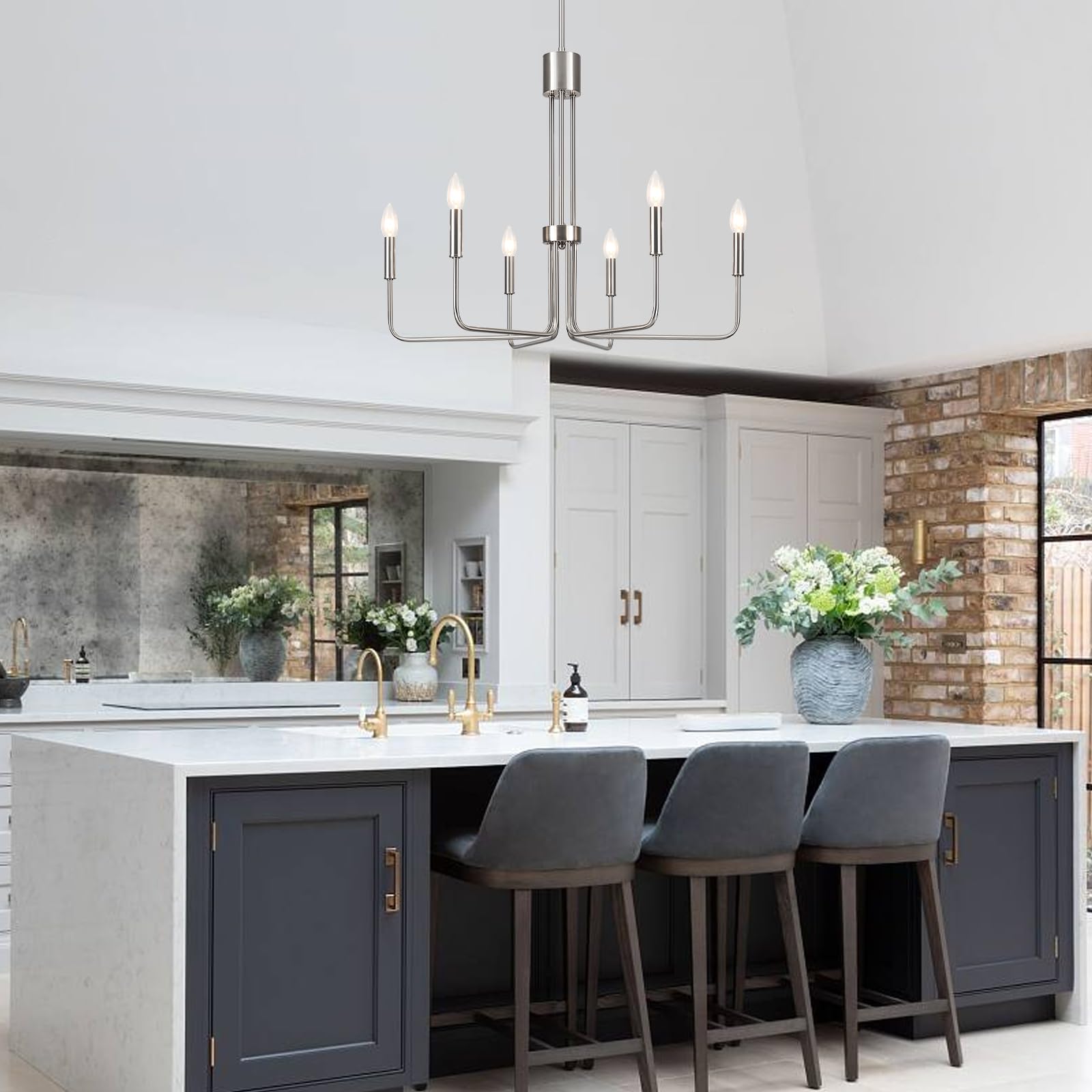 6-Light Brushed Nickel Chandelier - Modern Farmhouse Dining Room Lighting Fixture for Kitchen, Living Room & Entryway | Elegant Ceiling Light for Home Decor, Wedding & Restaurant