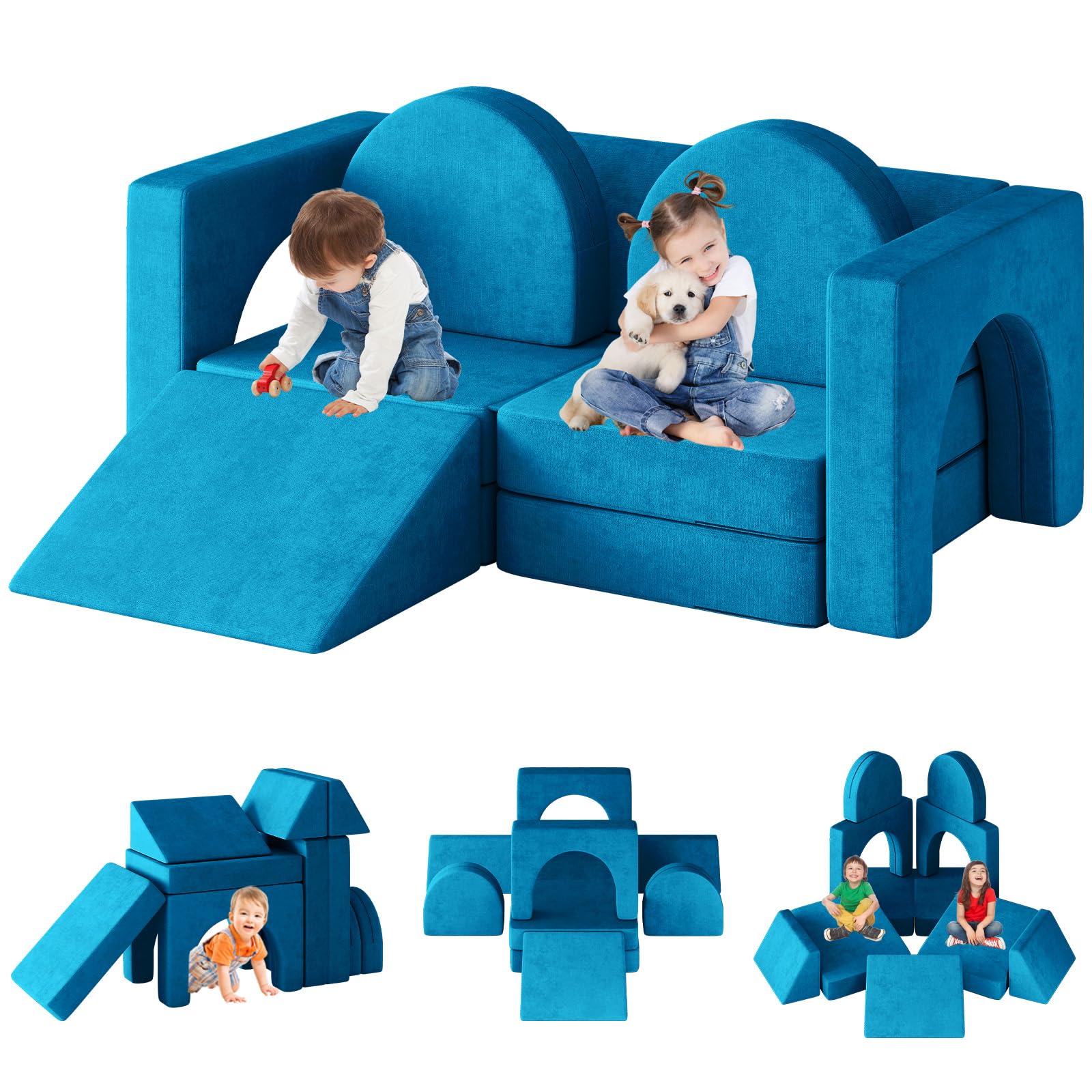 10PCS Modular Kids Play Couch with Climbing Slope - 10-in-1 Toddler Sofa for Playing, Creativity & Sleeping - Indoor Children's Furniture for Boys & Girls (Blue) - Perfect for Playrooms, Bedrooms & Daycare Centers