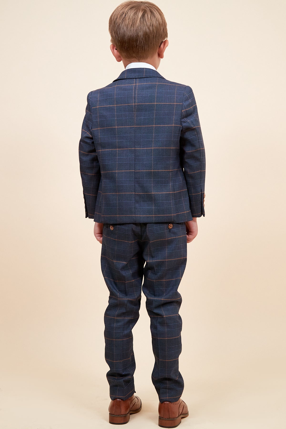 JENSON Boys' Navy Blue Checkered Suit Set - Stylish Formal Wear for Kids' Parties, School Events & Family Photos