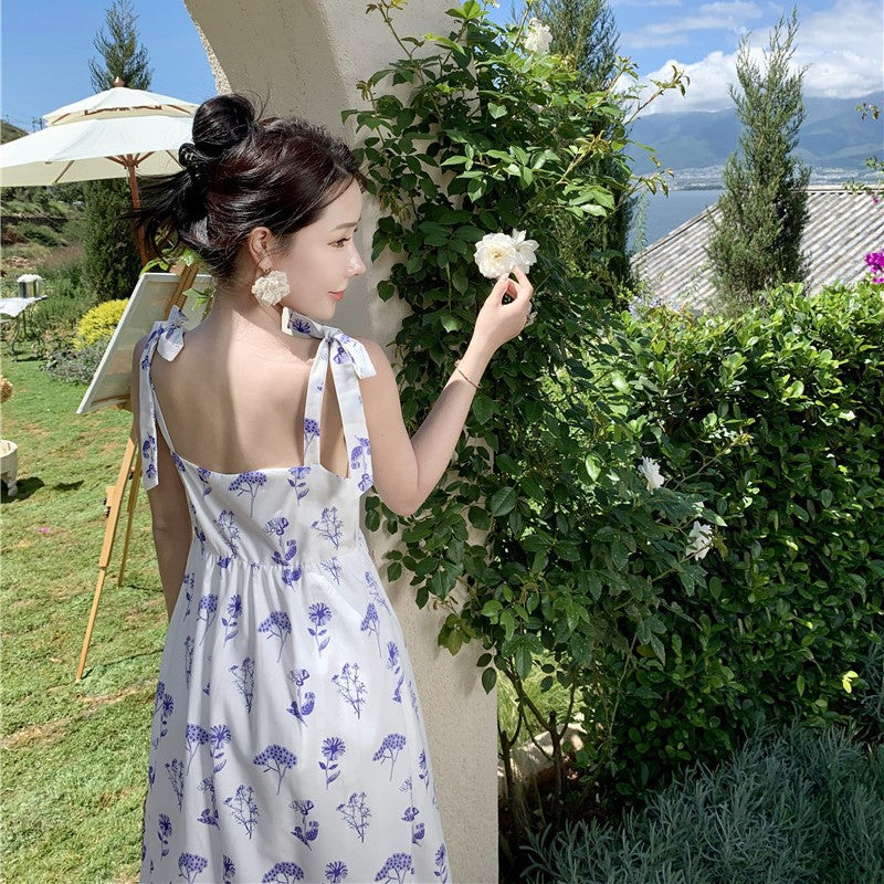 French Retro Thin Strap Long Summer Dress - Floral Print Maxi Dress in Purple | Perfect for Beach Vacations, Date Nights & Summer Weddings