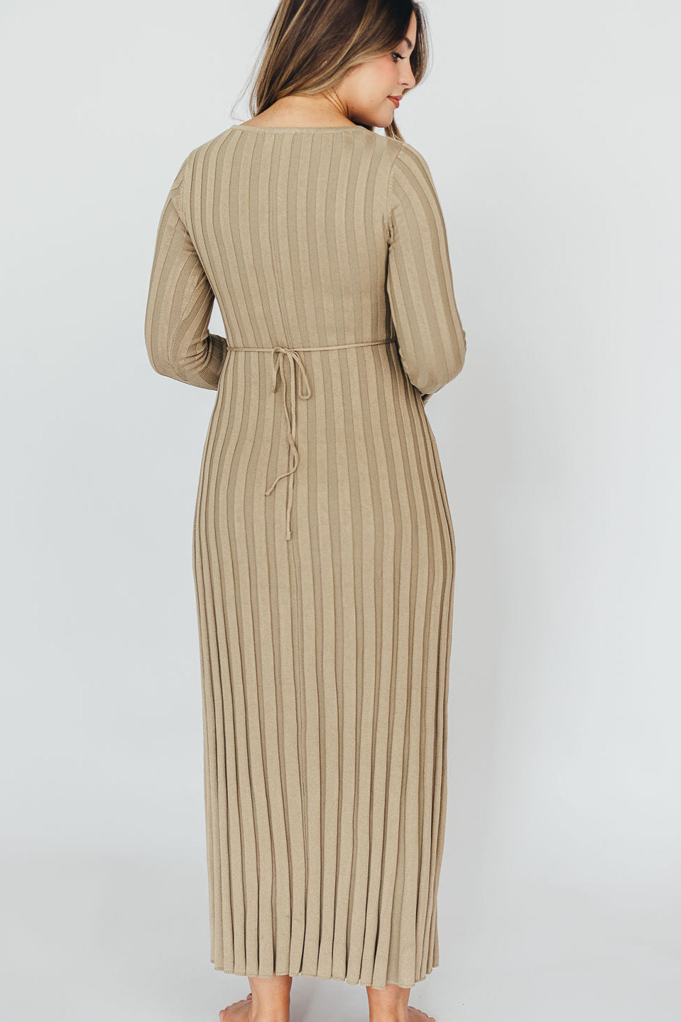 Hadley Long Sleeve V Neck Knit Maxi Dress for Women - Elegant Dune Color, Flowy Boho Style, Comfortable Stretchy Fabric | Perfect for Fall, Winter, Date Night, Office Wear and Special Occasions