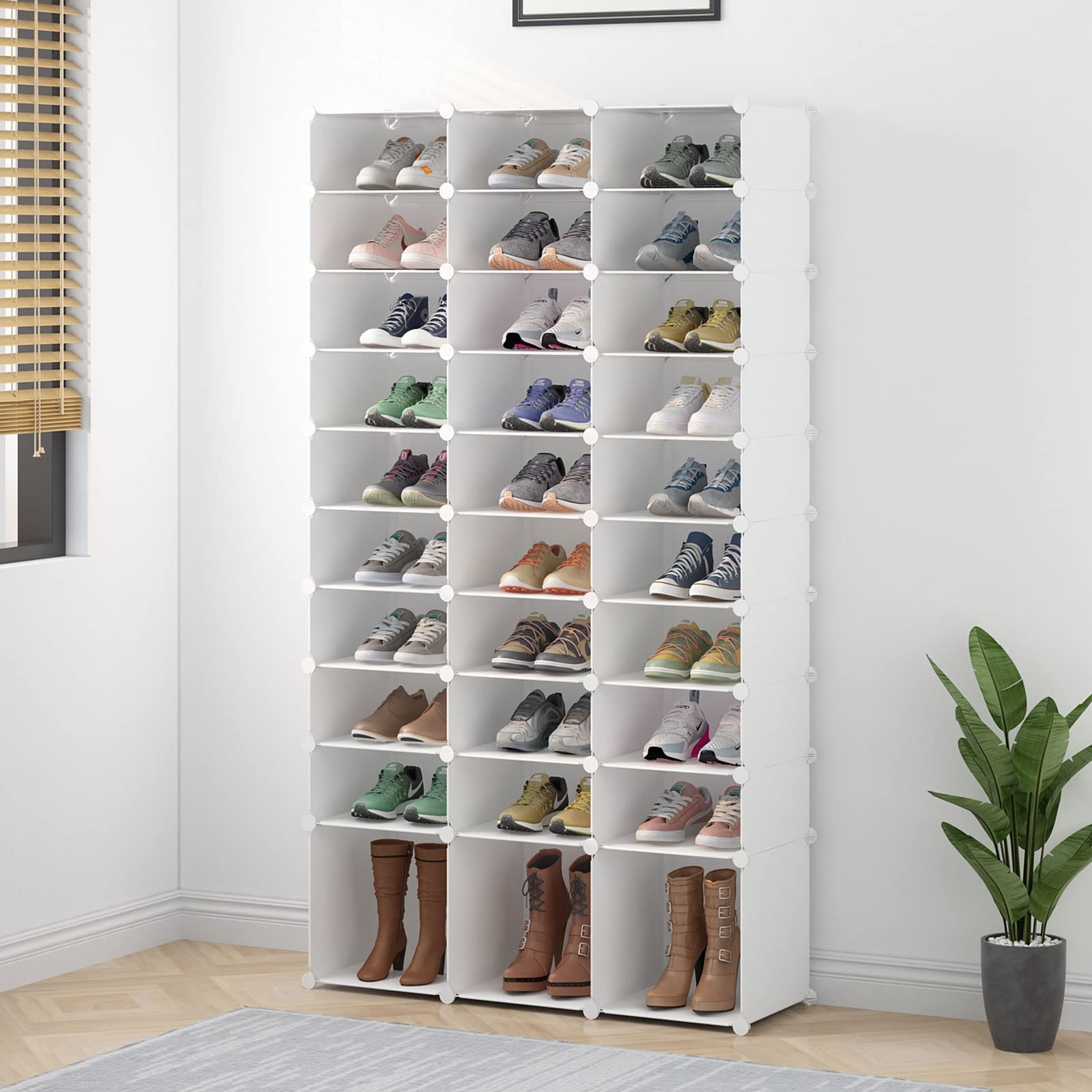 Aeitc 33-Cube Shoe Rack & Plastic Storage Organizer - Modular Cabinet for Entryway, Closet, Bedroom - White | Space-Saving Shoe Storage Solution for Home Organization