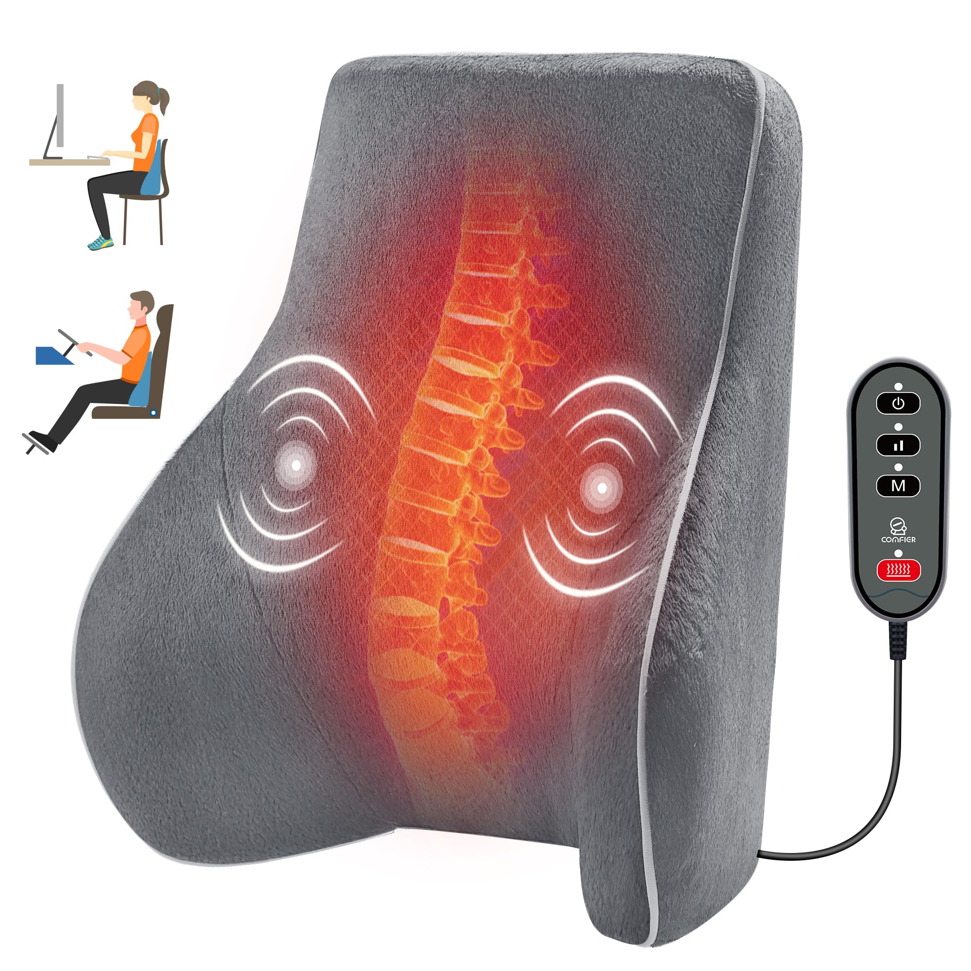 COMFIER Lumbar Back Support Pillow for Office Chair with 3 Vibration Modes & 2 Heat Levels - Gray | Ergonomic Massage Cushion for Home, Car & Office Use | Relieves Back Pain & Improves Posture