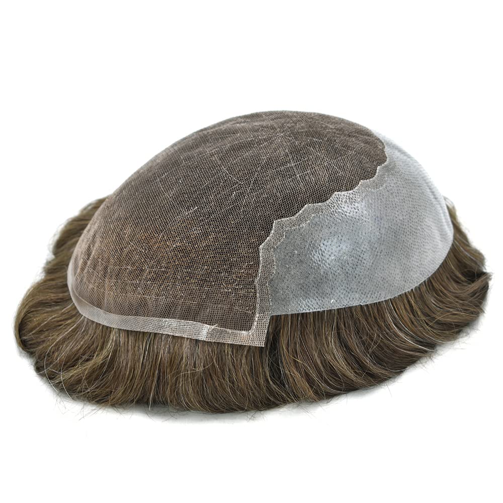 100% European Real Human Hair Toupee for Men - Swiss Lace Front Hair System with Bleached Knots | #630 Light Brown with 30% Gray | 8x10 Inch 100% Density | Natural Looking Hair Replacement for Daily Wear & Special Occasions
