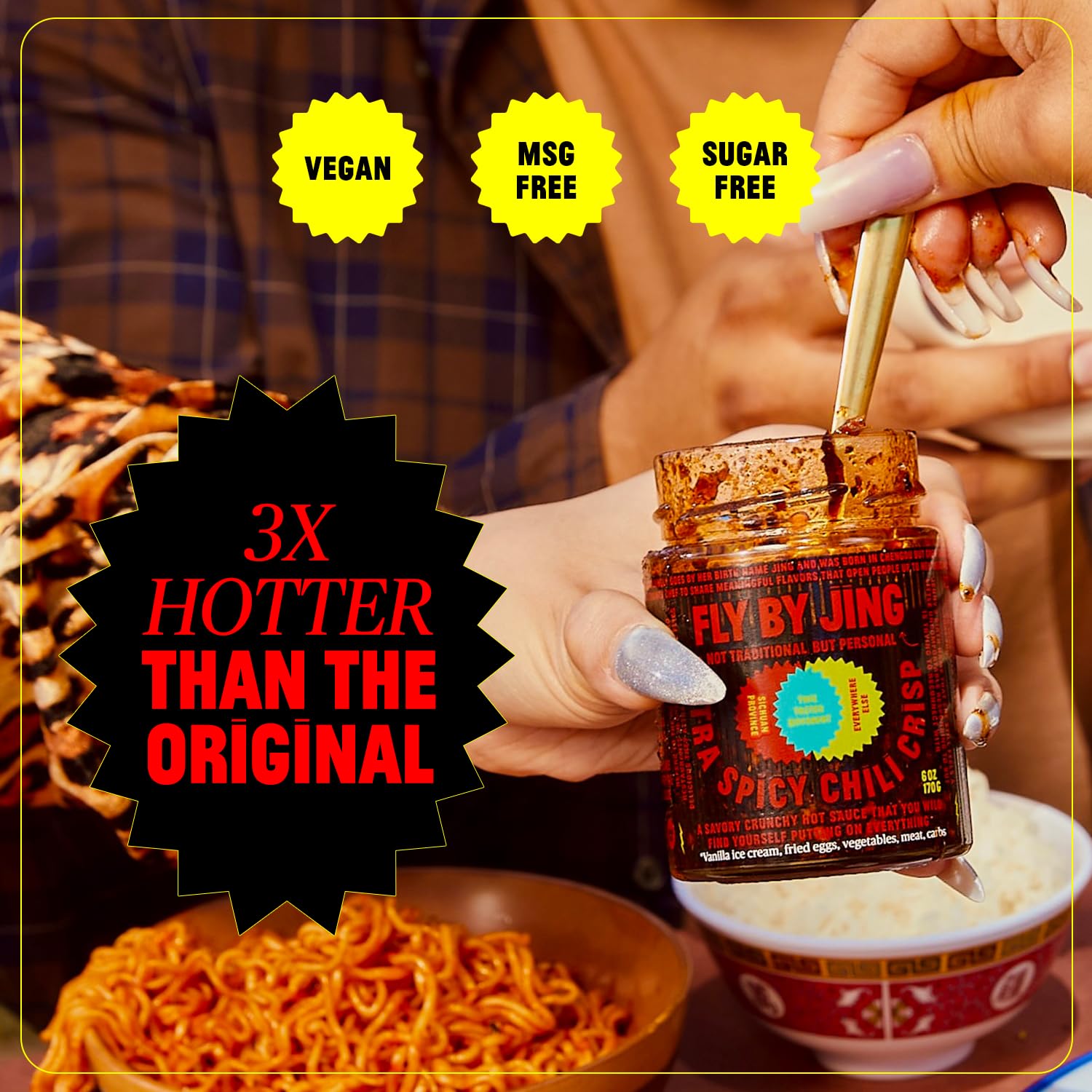 FLYBYJING Xtra Spicy Chili Crisp - Sichuan Pepper Hot Chili Oil Sauce - All Natural Vegan Hot Sauce with Extra Hot Chilis - 6oz (Pack of 1) - Perfect for Noodles, Dumplings, Pizza & Stir-Fry Dishes