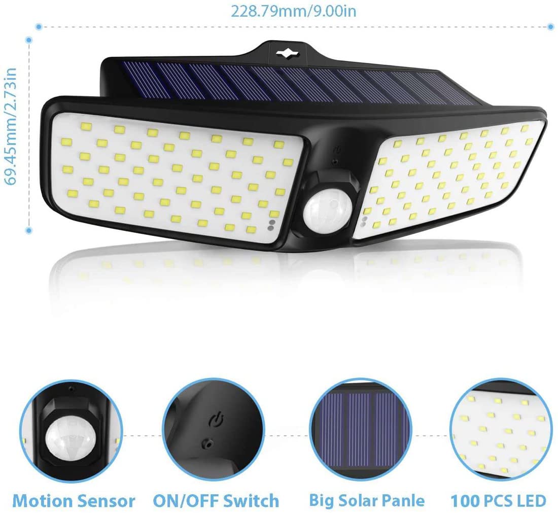 Premium 100 LED Solar Security Wall Light - Waterproof Outdoor Motion Sensor Light for Garden, Patio, and Driveway Safety