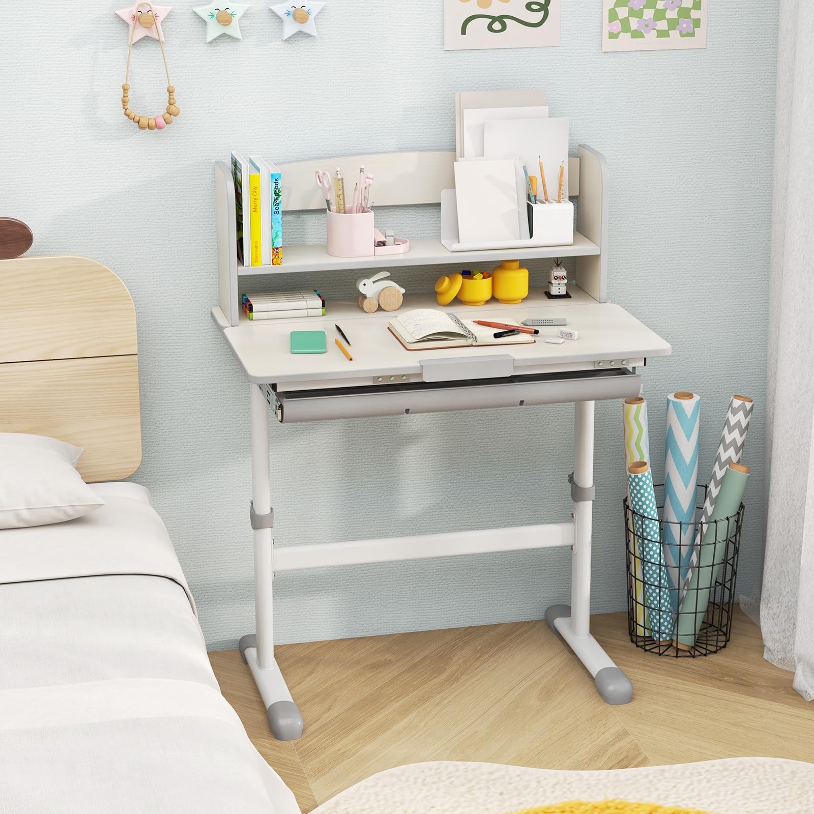 Costzon Adjustable Height Kids Desk with Tiltable Desktop, Storage Drawer & Hutch - Ergonomic Study Desk with Scale Ruler for Boys & Girls - Perfect for Homework, Drawing & Bedroom Organization (Grey)
