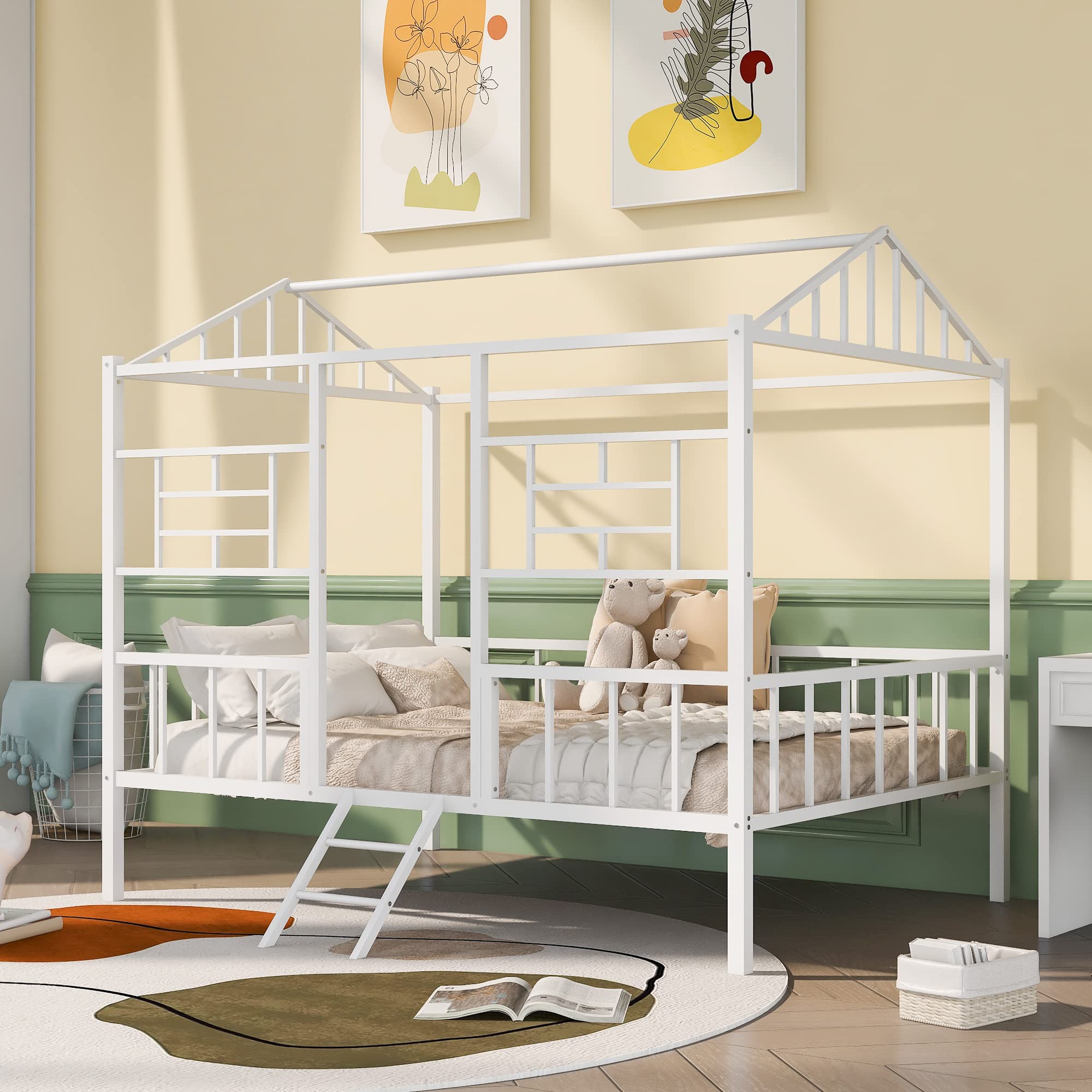 Bellemave Full Size Kids Metal Platform Bed Frame - No Box Spring Needed - Sturdy House Design for Boys & Girls (White) - Perfect for Bedrooms, Playrooms & Sleepovers