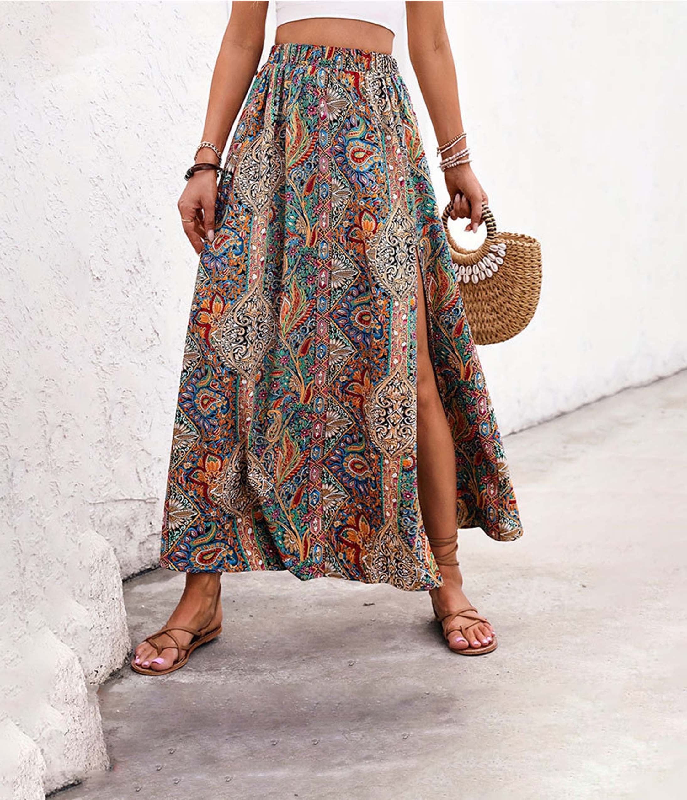 Bohemian Paisley Print A-Line Maxi Skirt for Women - Flowy Long Summer Skirt with Elastic Waist | Perfect for Beach, Music Festivals & Vacation Outfits