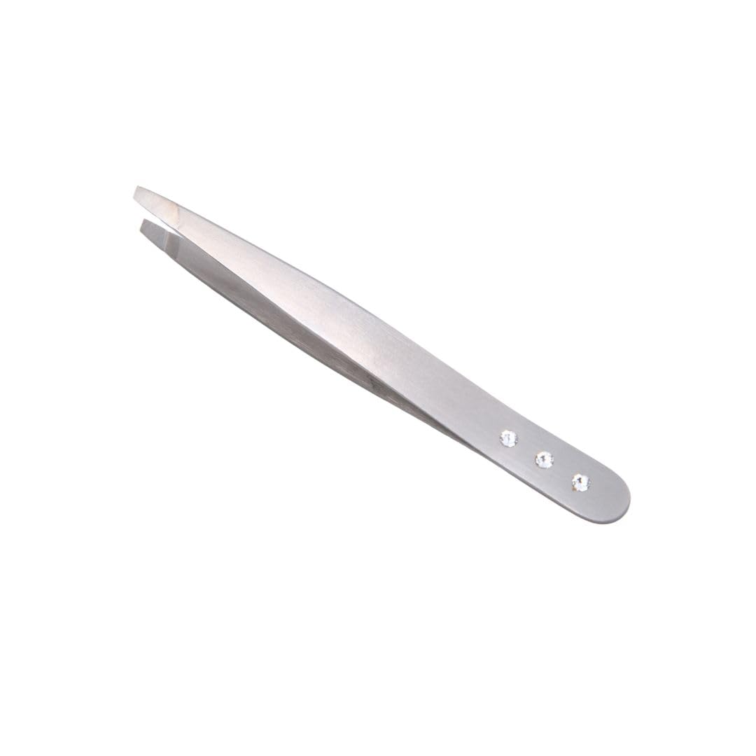 Premium Slant Tip Tweezers with Crystals - Stainless Steel Eyebrow Tweezers for Ingrown Hairs & Splinters - Unisex Grooming Tool for Women & Men by STEP ZERO (Champagne Silver) - Perfect for Eyebrow Shaping, Facial Hair Removal & First Aid Kits