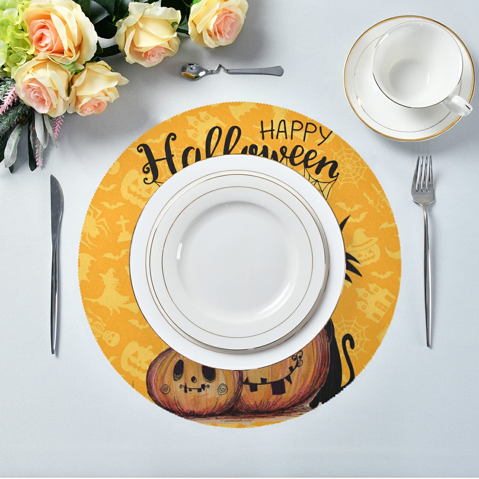 Halloween Placemats Set of 4 - 15 Inch Round Pumpkin Table Mats for Dining, Fall & Thanksgiving Decor | Waterproof & Durable for Holiday Parties, Family Gatherings & Seasonal Home Decor