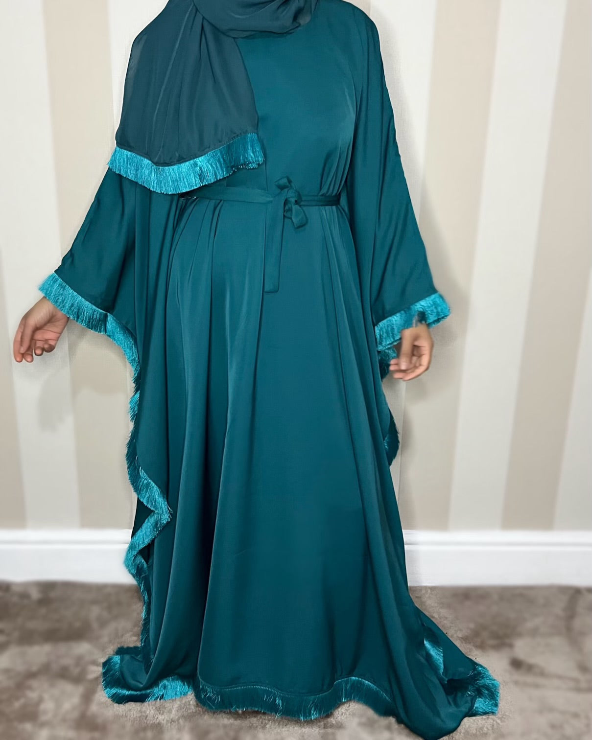 Elegant Fringe Nida Kaftan Abayas for Women - Modest Islamic Prayer Dress - Perfect for Eid, Ramadan & Special Occasions