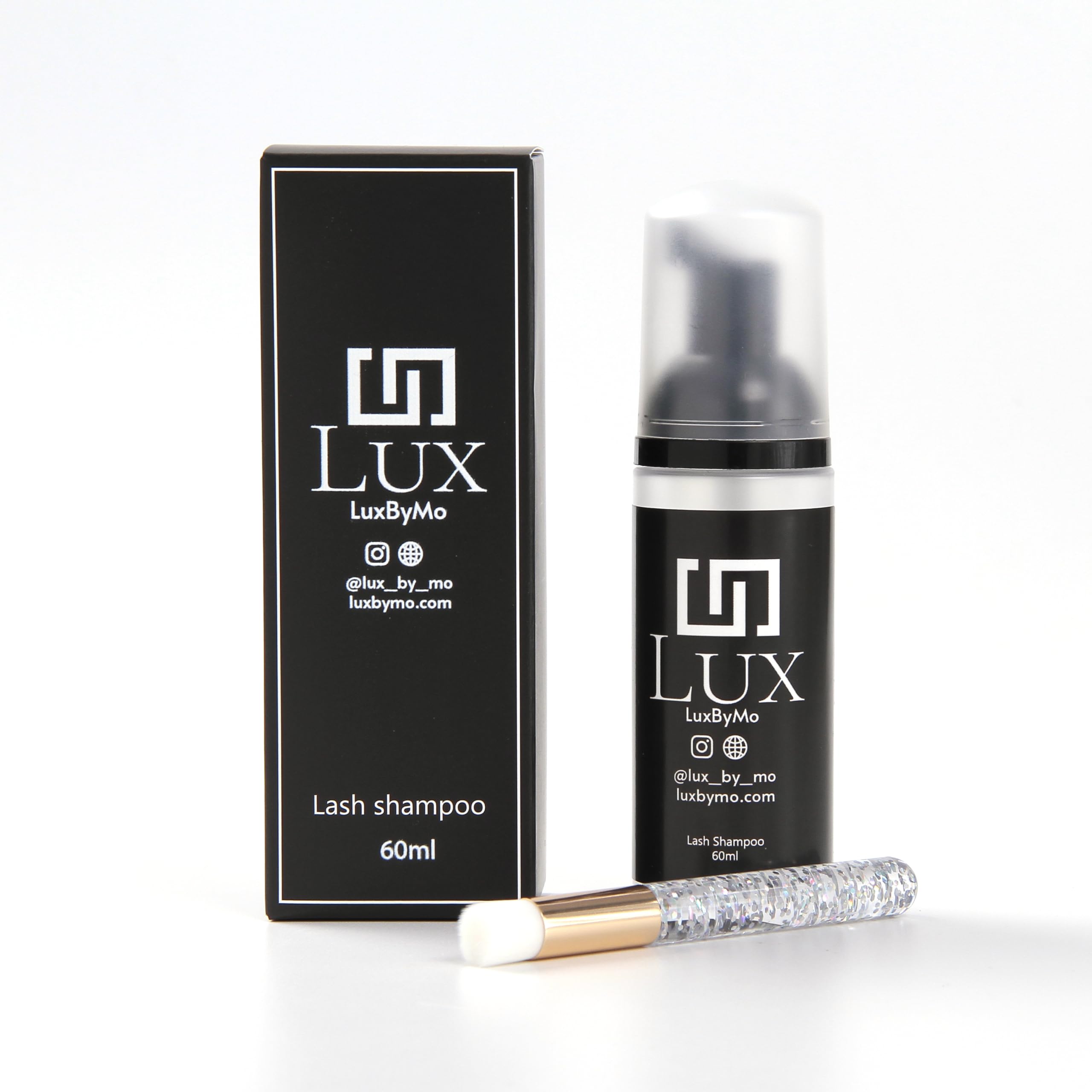 LuxByMo TEARFREE Foaming Lash Cleanser Shampoo with Brush - 60ml/2oz Alcohol-Free & Fragrance-Free - Gentle Eyelash Wash for Daily Use, Sensitive Eyes & Lash Extension Care