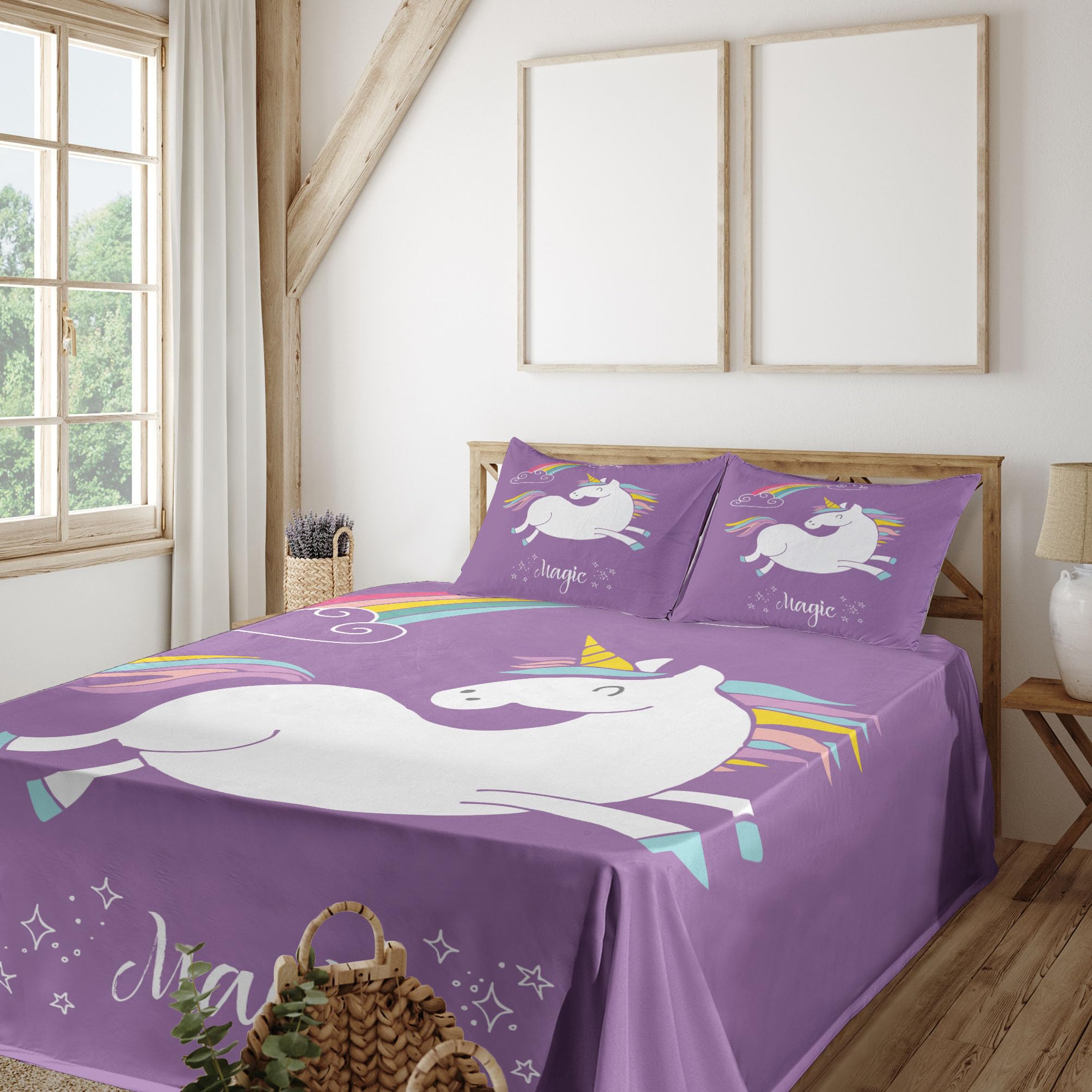 Ambesonne Unicorn Bedding Set - 4 Piece King Size Sheets with Mythical Animal, Clouds & Rainbow Print - Soft Lavender & White Fitted & Flat Sheets + Pillowcases - Perfect for Kids' Rooms, Fantasy Themed Bedrooms & Gift Giving