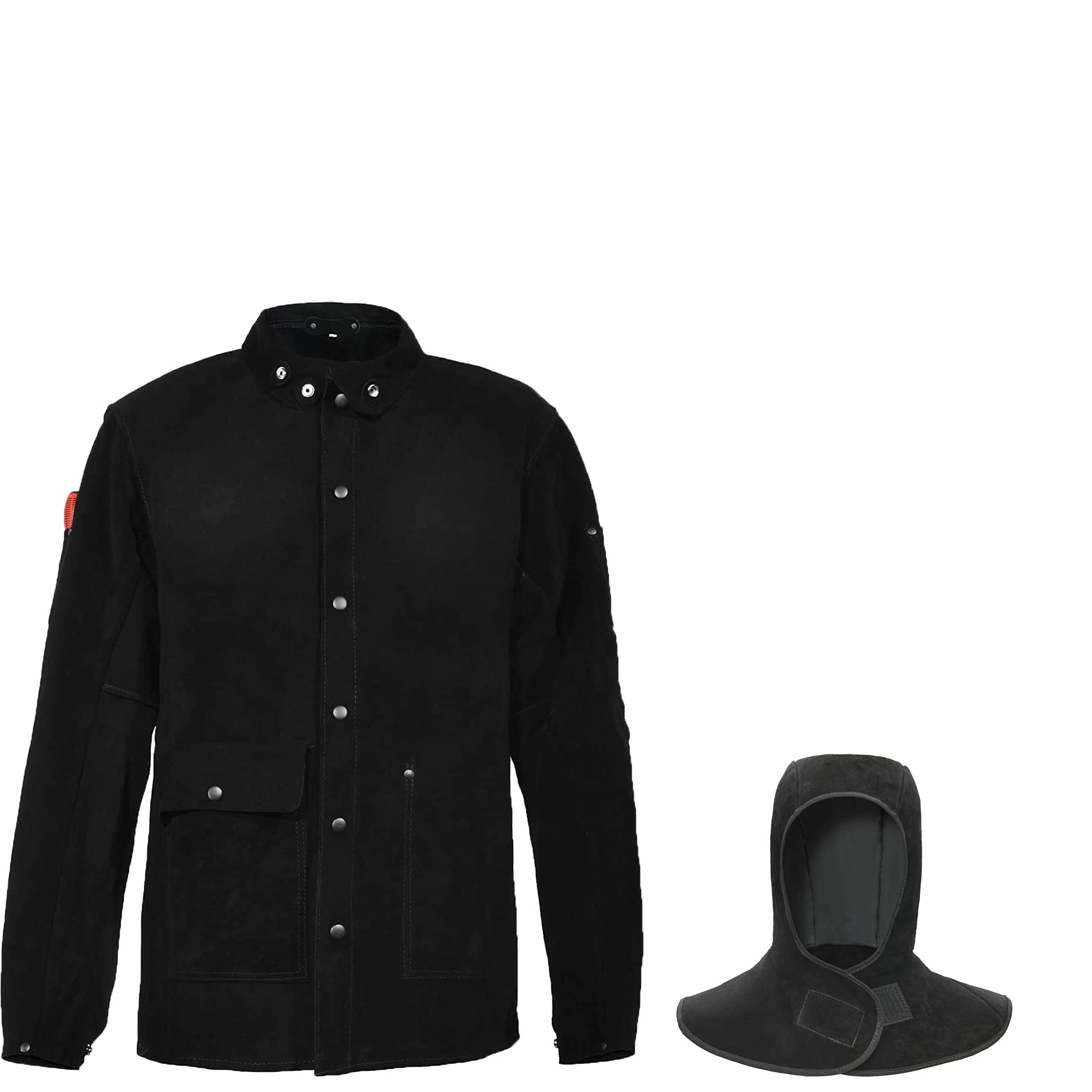 Black Heavy Duty FR Split Cowhide Leather Welding Jacket with Hood - Flame Resistant Work Safety Jacket for Men & Women (Small) - Ideal for Welding, Metalworking, Construction & Industrial Work