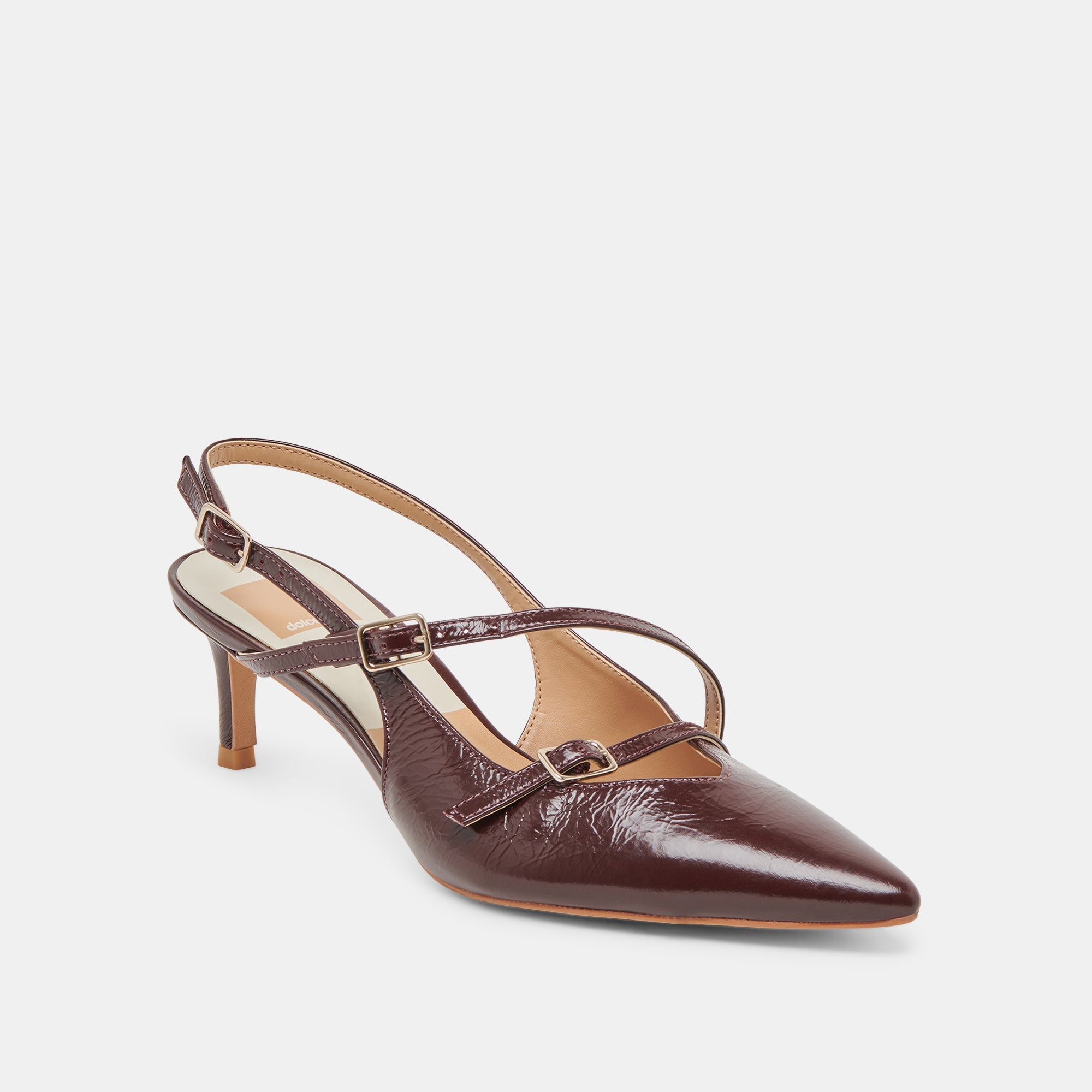 PAMLA Women's Mid Heel Pumps - Cranberry Crinkle Patent Leather Dress Shoes for Work, Party & Special Occasions