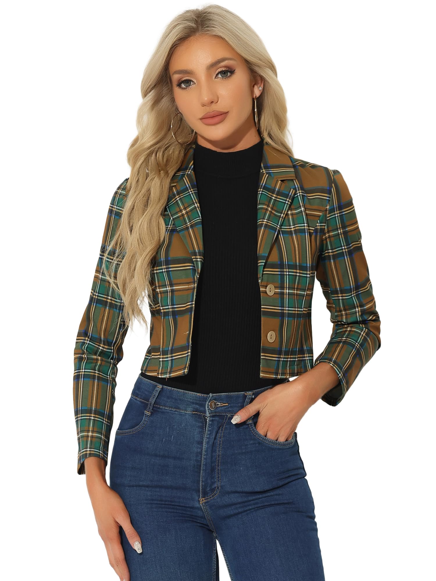 Allegra K Women's Stretch Plaid Tartan Crop Blazer - Notched Lapel Preppy Jacket for Office, Work & Business Casual Outfits