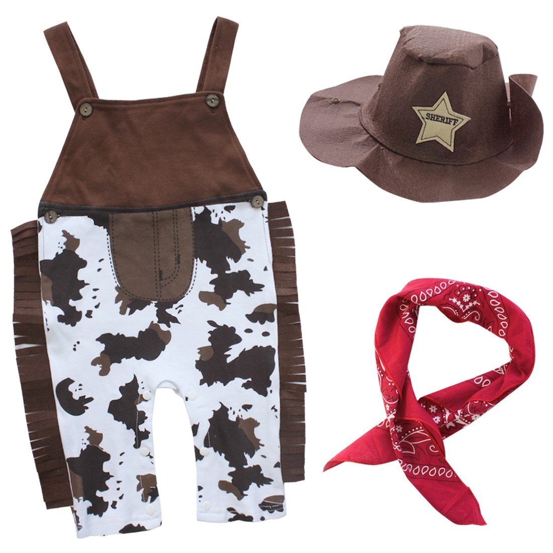 Western Cowboy Baby Boys Halloween Costume Set - Romper Overall with Suspenders, Scarf & Hat | Cute Western Outfit for Infants & Toddlers | Perfect for Halloween, Dress-Up Parties, Photo Shoots & Cowboy-Themed Events