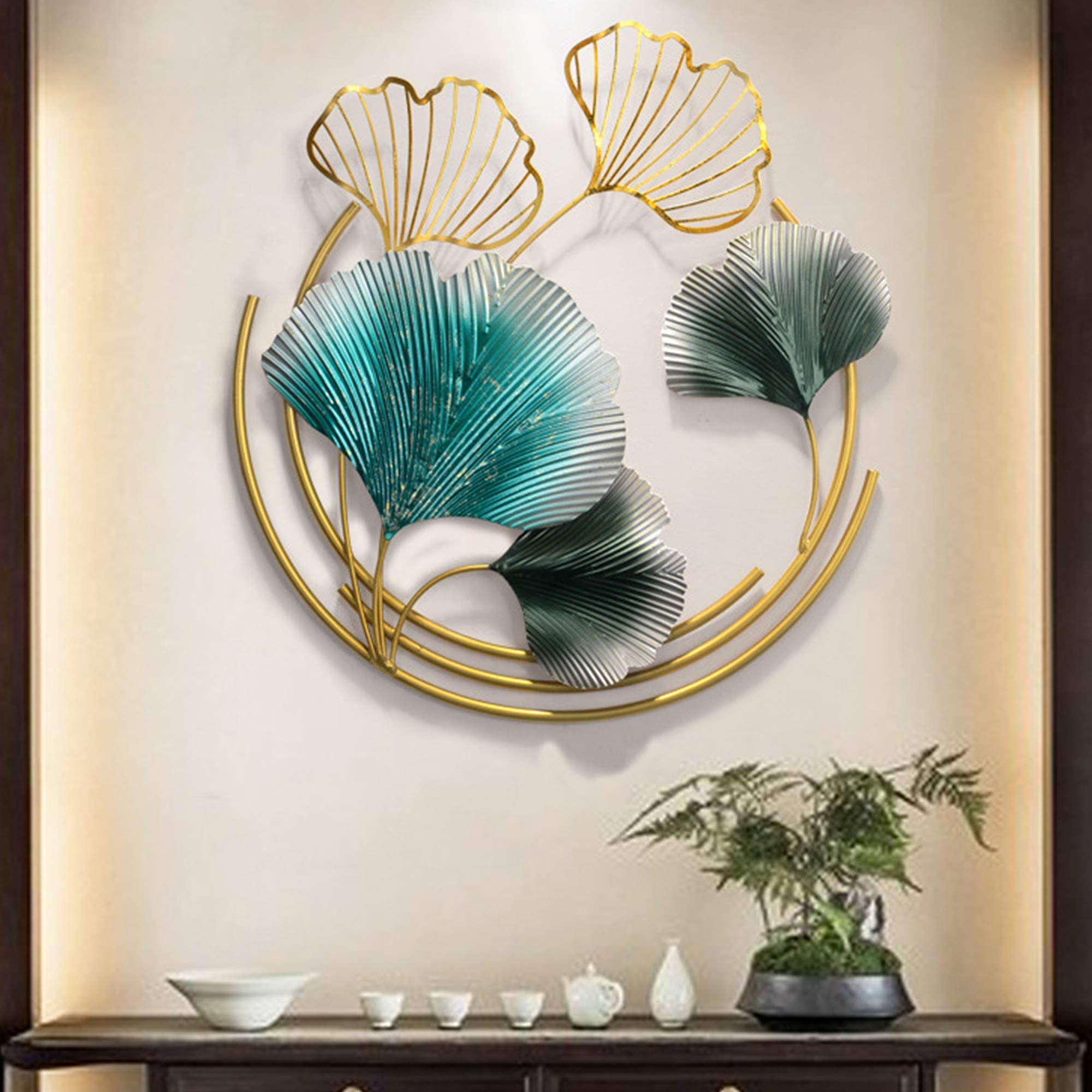 Creative Ginkgo Metal Wall Sculpture - Golden Round Frame Leaf & Flower Wall Art Decor for Living Room, Bedroom, Dining Room - Elegant Home & Office Decoration
