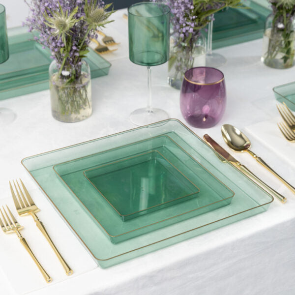 Eco-Friendly Clear Square Plastic Plates with Gold Rim - 10 Pack, Durable & Stylish for Parties, Weddings, and Outdoor Dining