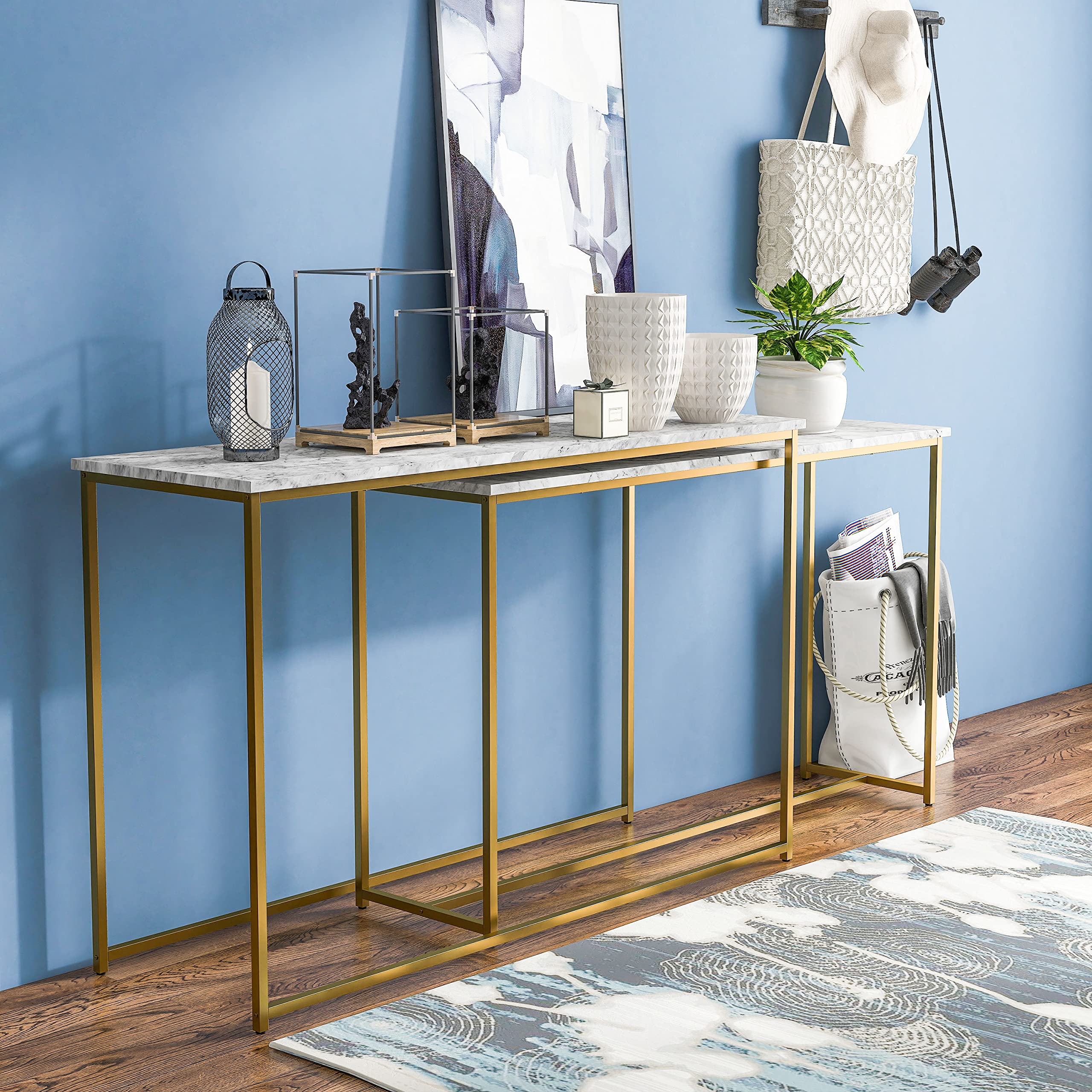 Modern White Faux Marble Narrow Console Table - Set of 2, Rectangle Hallway Entry Table for Small Spaces, Perfect for Entryway, Living Room & Behind Sofa Decor