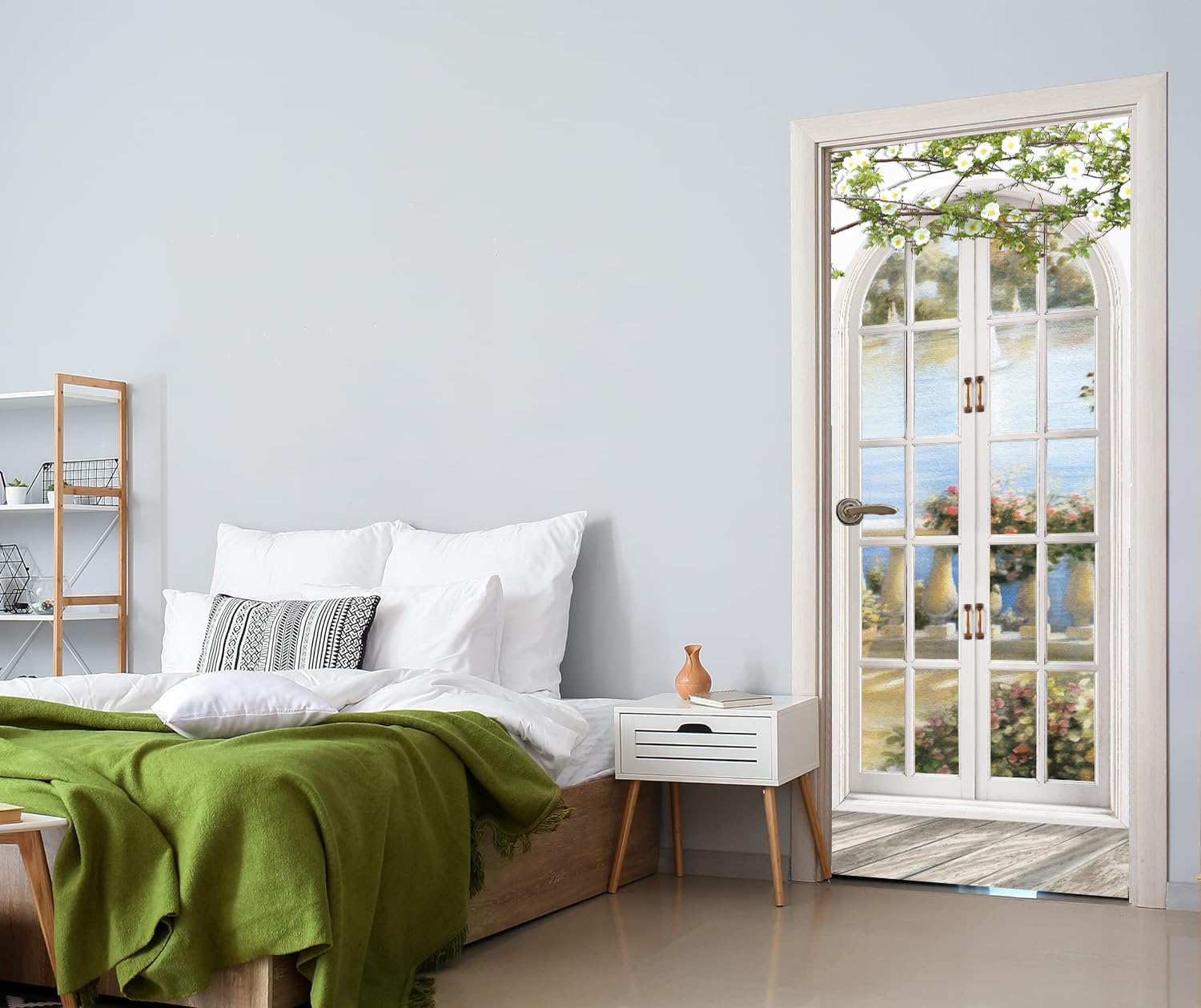 European Style 3D Peel and Stick Door Sticker - Self-Adhesive Arch Pastoral Wall Mural Wallpaper for Bedroom Decor (30.3