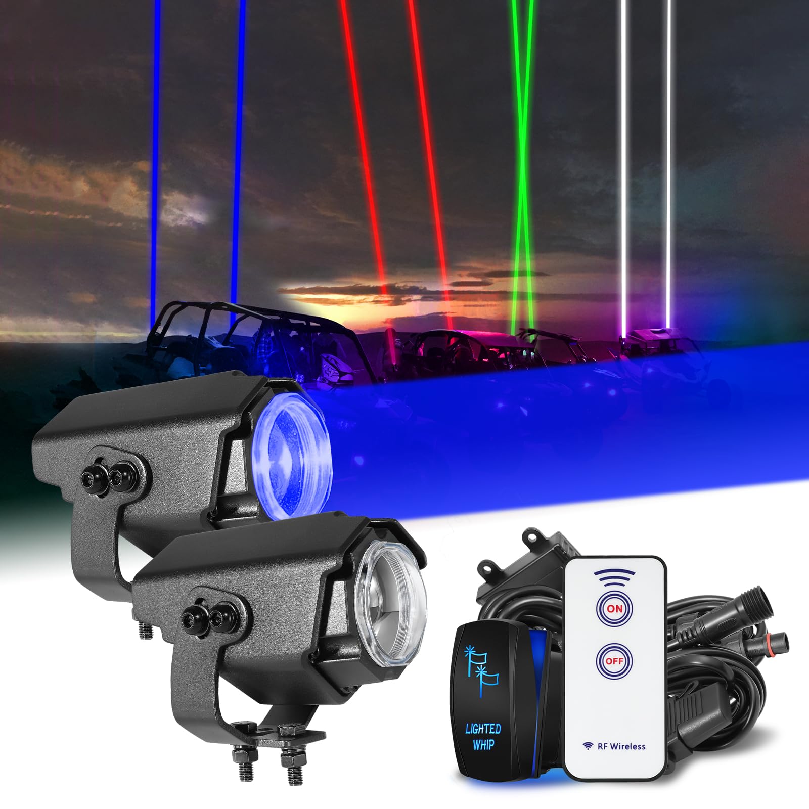 Nirider RGB LED Whip Lights for SXS, UTV, ATV, RZR, Can-Am, Dune Buggy, Truck & Boat - Remote Controlled Whipless Pods with Multi-Color Chase Effects (2 Pack - Red/Green/Blue/White) - Perfect for Off-Roading, Night Rides & Vehicle Customization