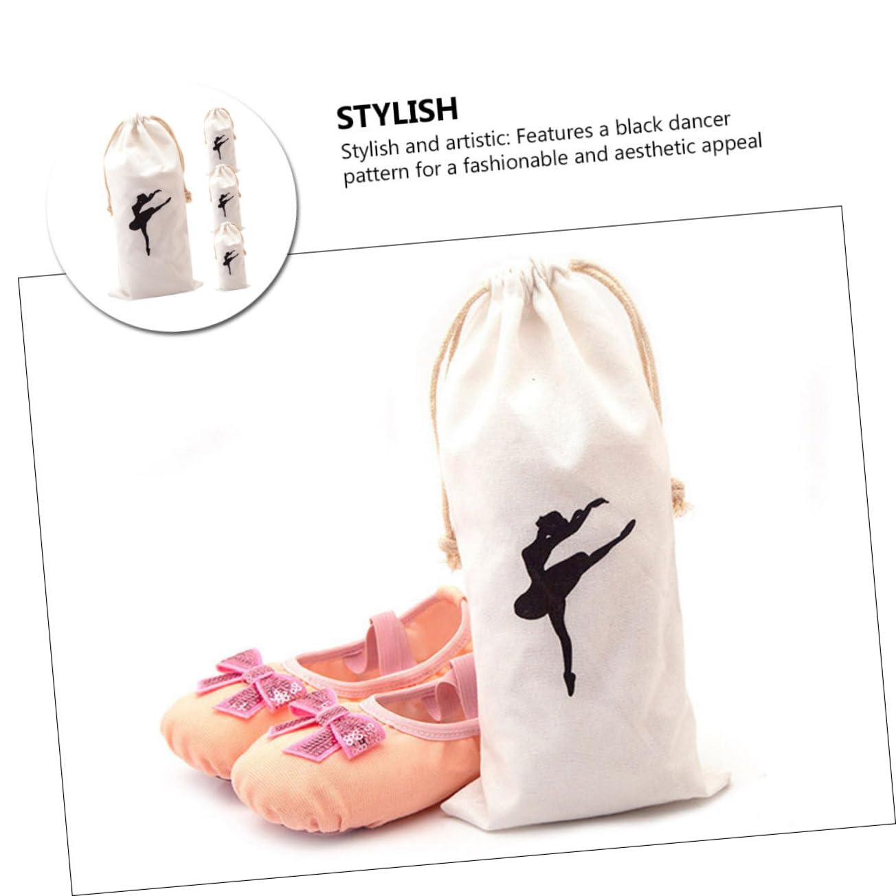 KITANDOVE 4-Piece Canvas Ballet Shoes Bag Set - Drawstring Dance Bags for Girls, Ballet Shoe Storage Pouch, Dance Accessories - Perfect for Ballet Class, Dance Practice & Shoe Organization