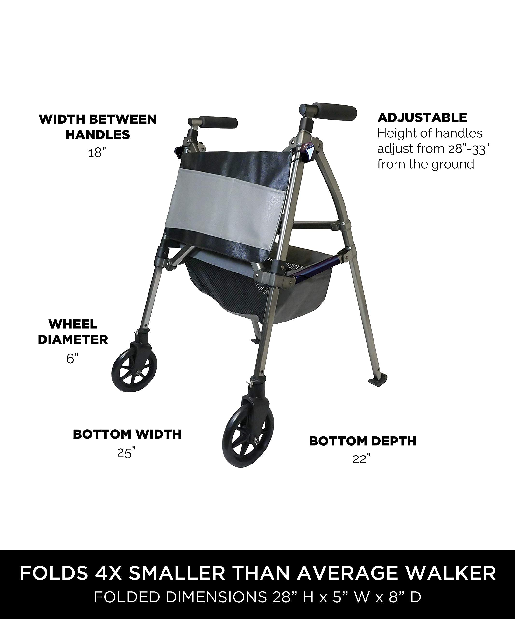 Signature Life Elite Travel Walker - Lightweight Folding Rolling Walker with Swivel Wheels for Adults & Seniors | Adjustable Height, Ski Glides & Storage Pouch | Ideal for Travel, Rehab & Daily Mobility Assistance