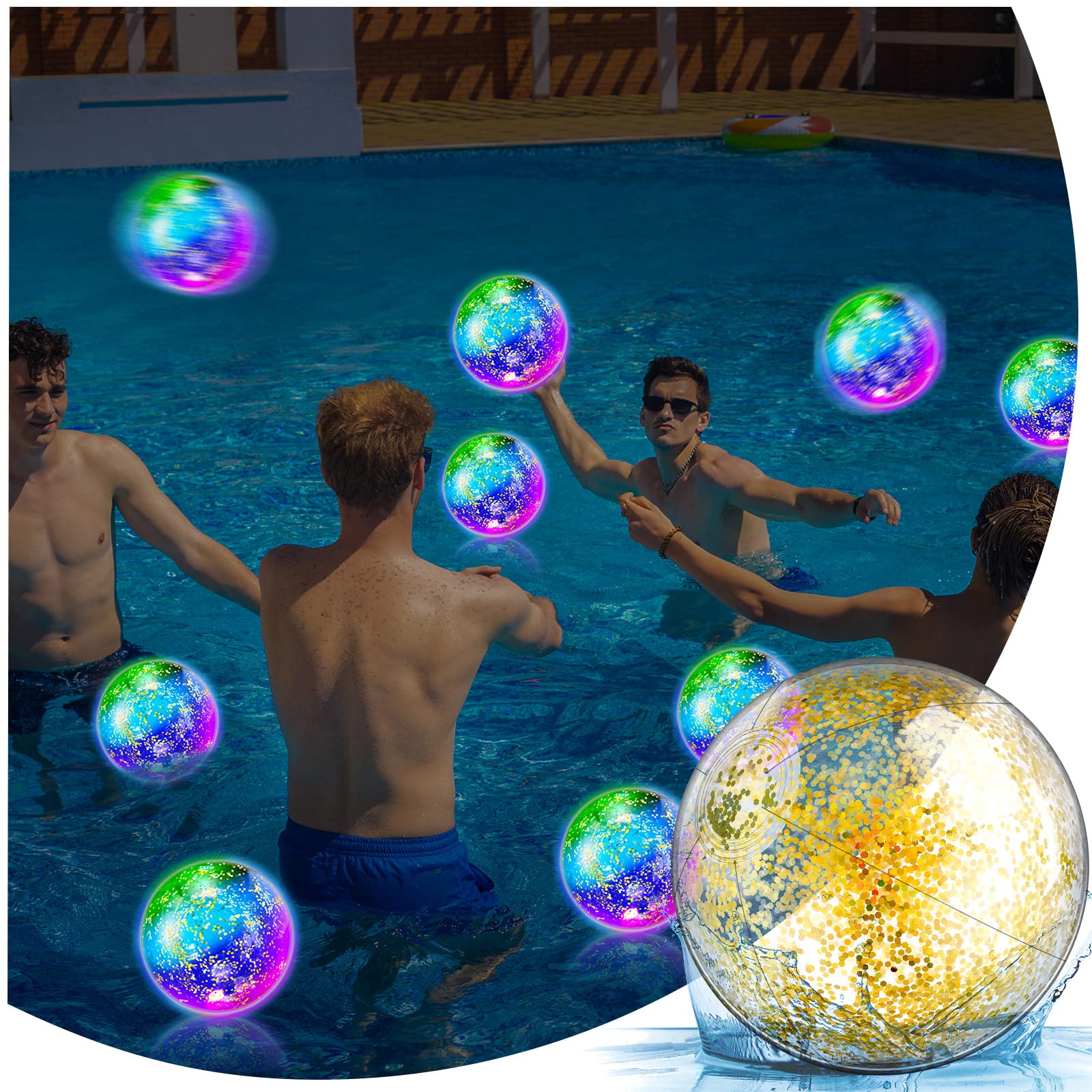 16 Pack LED Light Up Beach Balls - 9 Inch Glow in The Dark Pool Toys with Confetti Glitters for Summer Parties, Beach Games & Night Pool Fun - Bulk Inflatable Party Favors for Teens & Adults (Yellow)