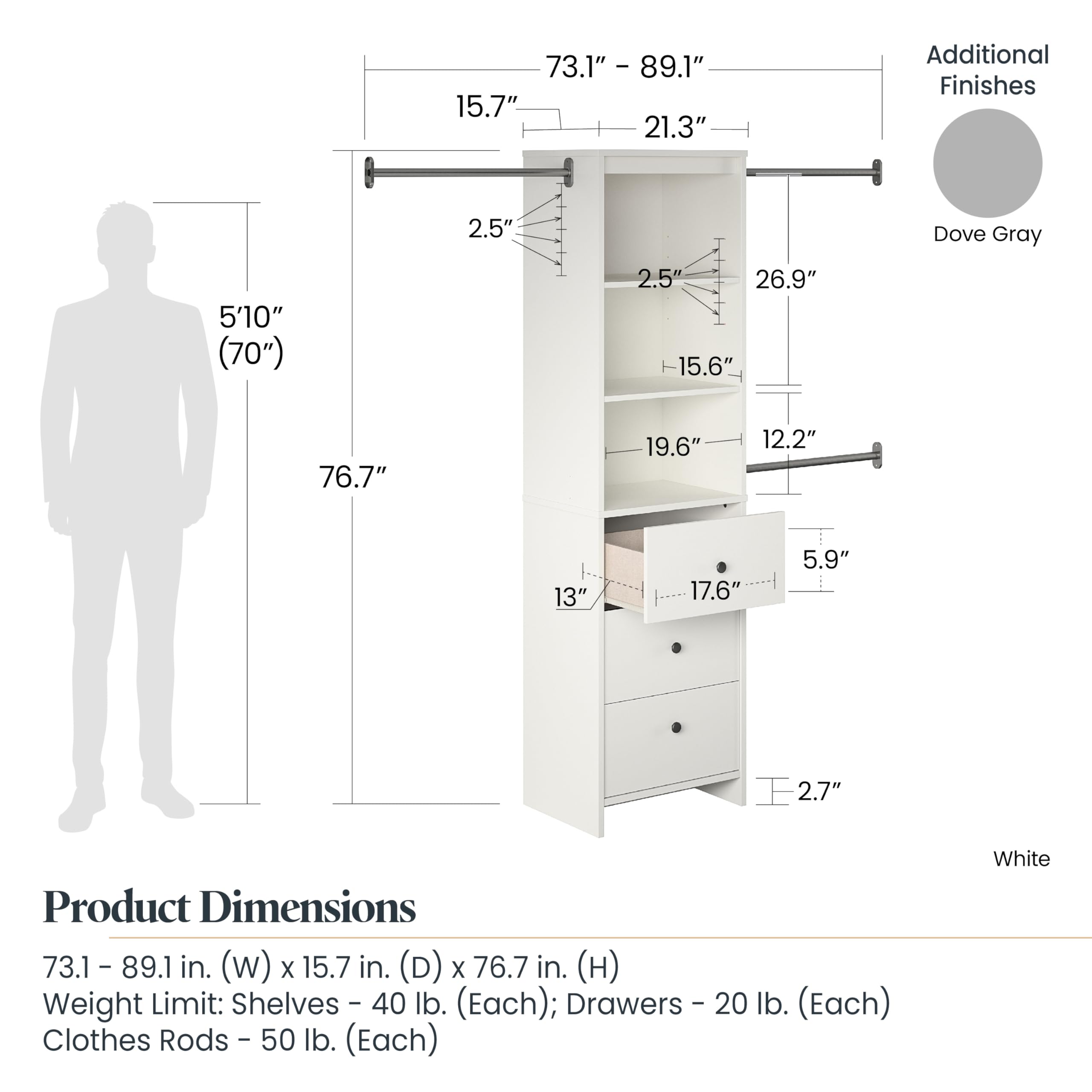 Systembuild Beckett White Closet Storage Organizer - Space-Saving Wardrobe & Closet Organization Solution for Bedrooms, Walk-In Closets & Small Spaces