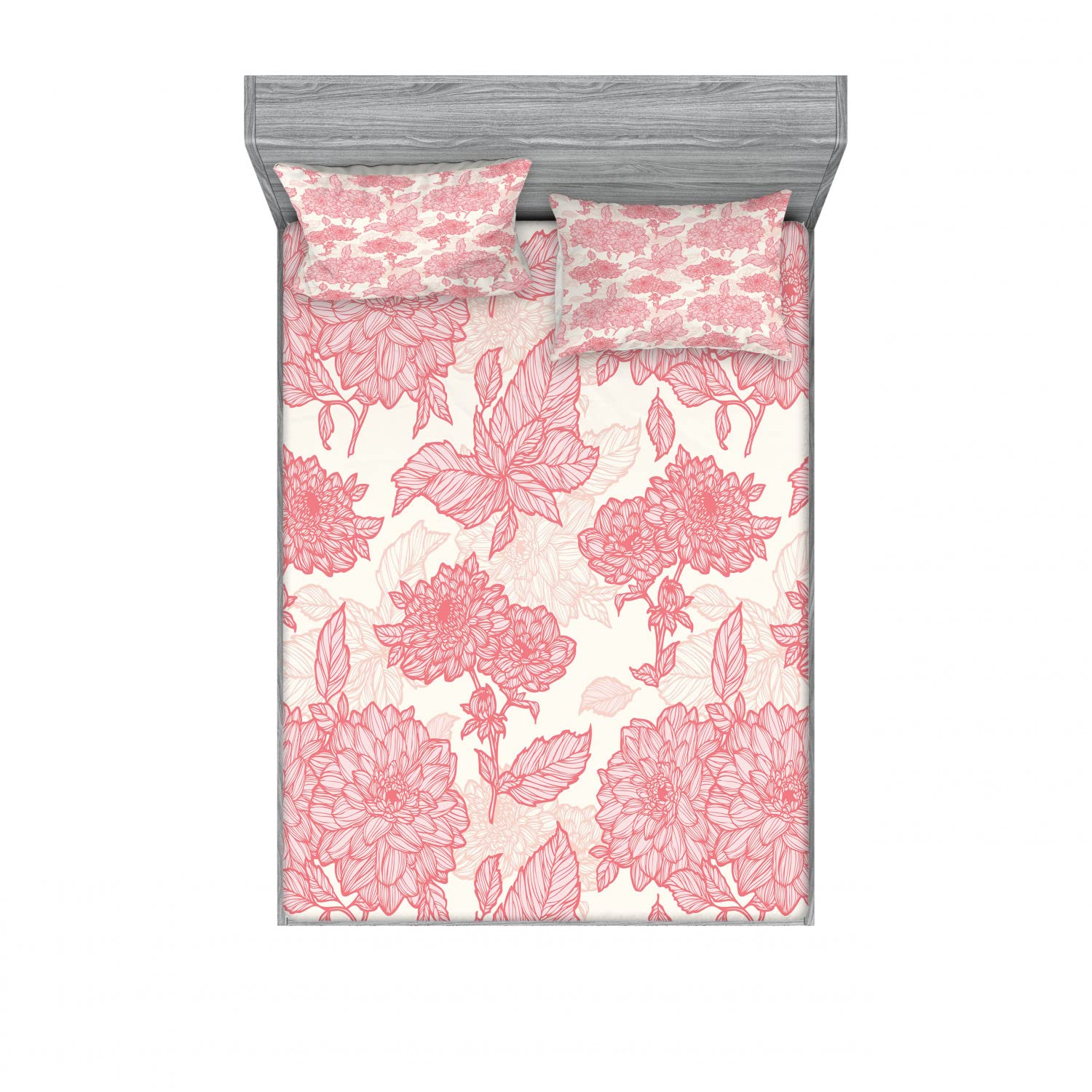 Ambesonne 2-Piece Queen Size Fitted Sheet Set with 4 Pillow Shams - Floral Pink Leaves Design Bedding Collection for Romantic Bedroom Decor | Perfect for Master Bedrooms, Guest Rooms & Vacation Homes