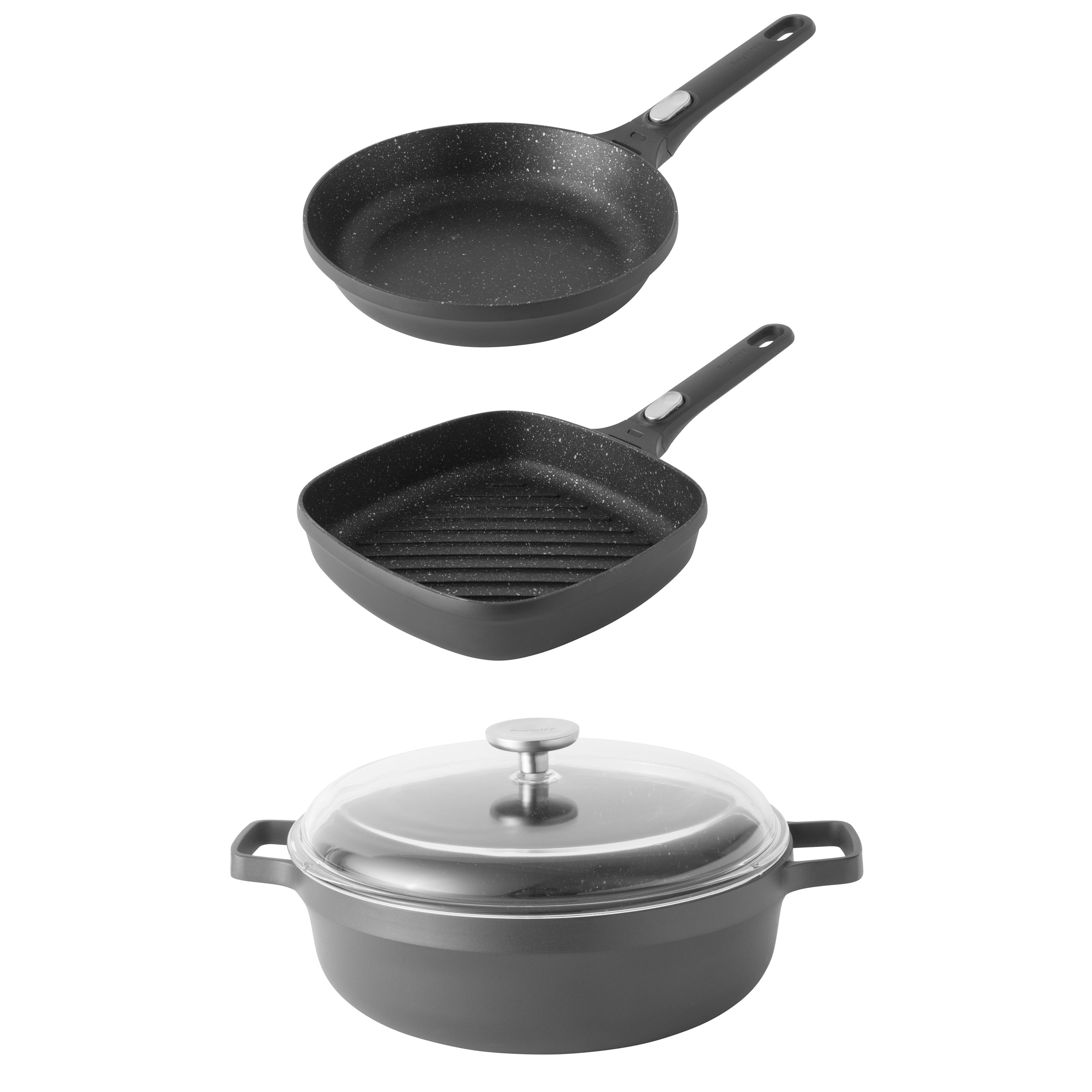 BergHOFF GEM 4-Piece Nonstick Cast Aluminum Cookware Set - Frying Pan, Grill Pan & Saute Pan with Glass Lids | Professional Kitchen Cookware for Searing, Grilling & Sauteing | Perfect for Home Chefs & Restaurant Use