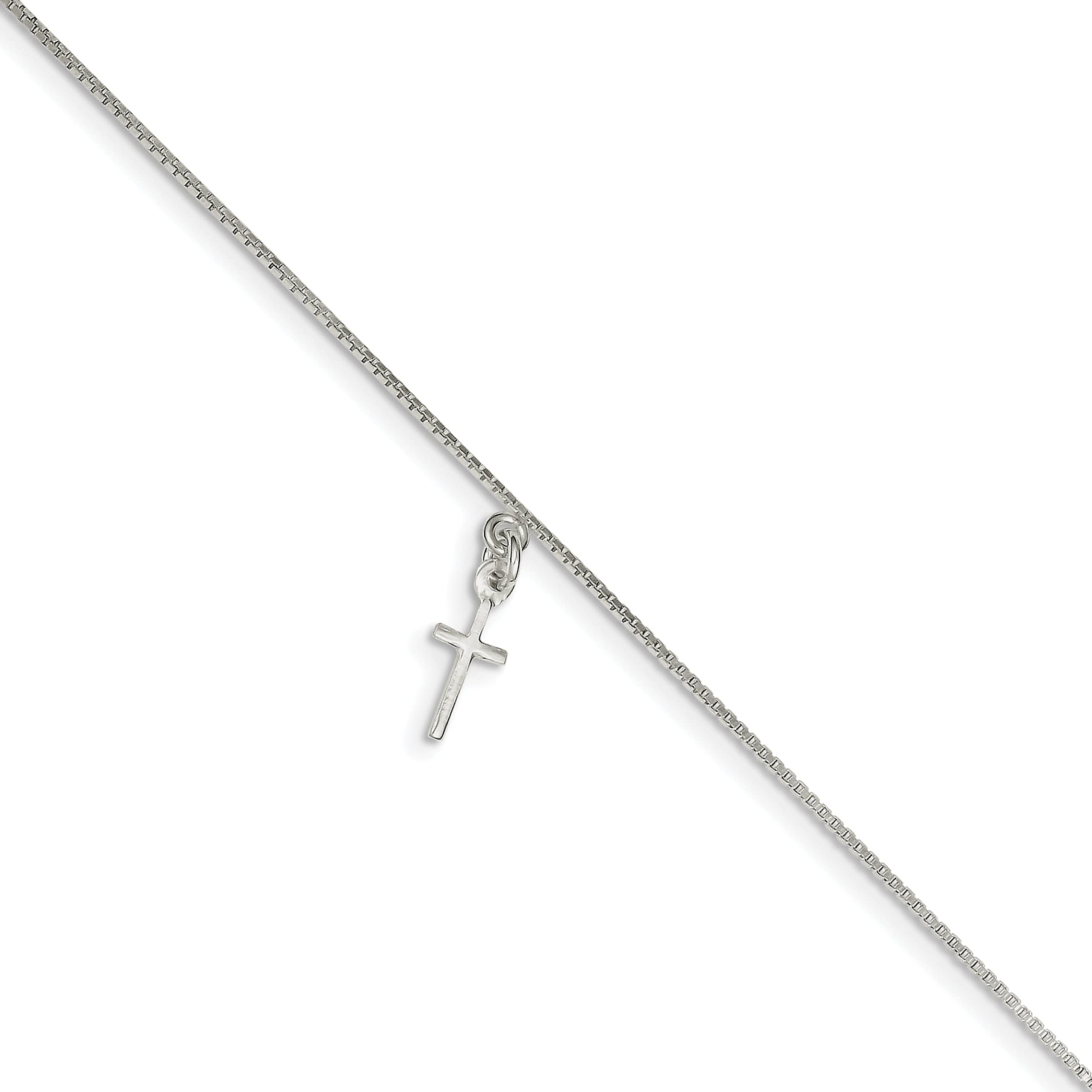 FindingKing Sterling Silver Cross Box Chain Anklet - 10