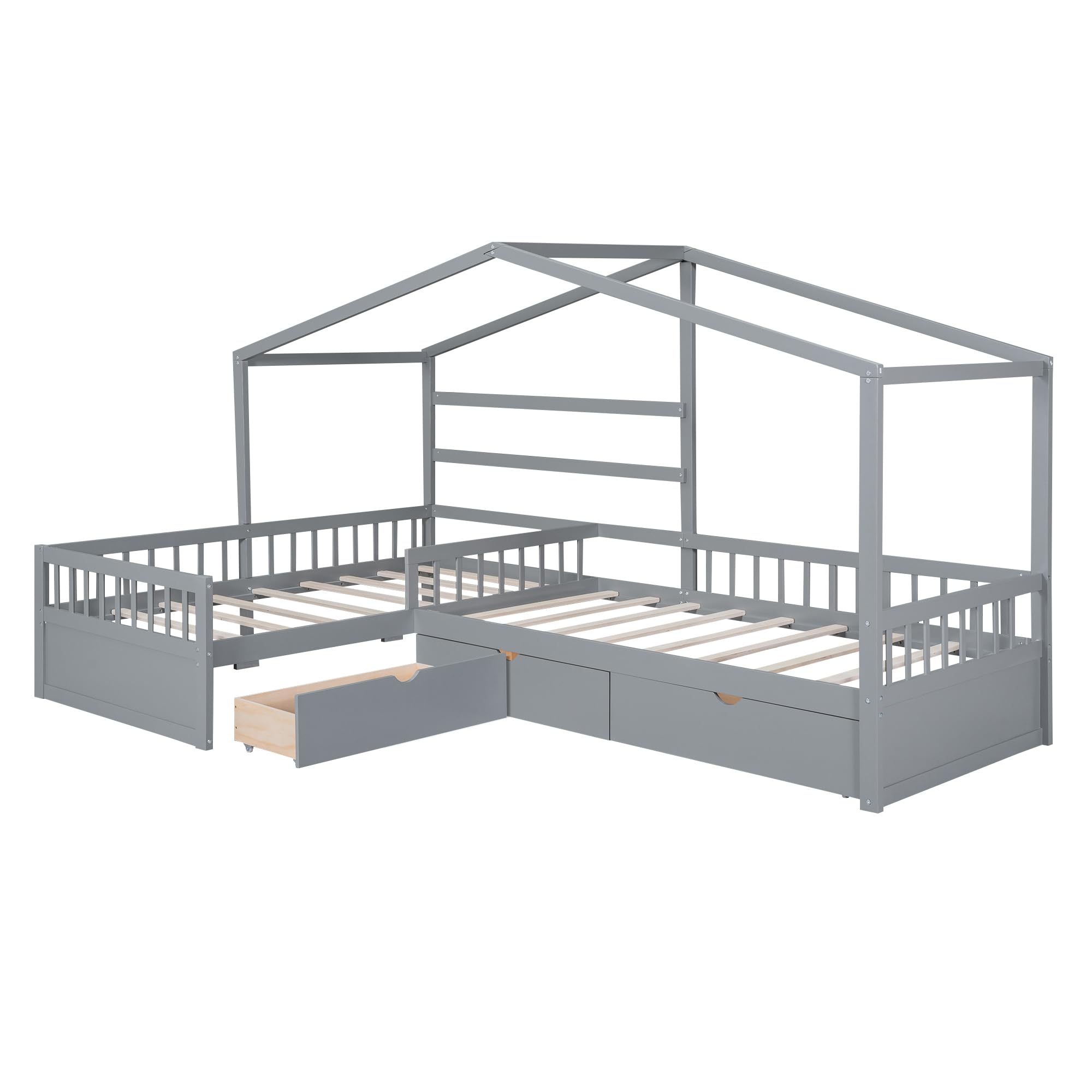 P PURLOVE L-Shaped Twin Wooden House Platform Bed Frame with 3 Storage Drawers & Guardrail - No Box Spring Needed, Gray - Perfect for Small Bedrooms, Kids Rooms & Space-Saving Storage Solutions