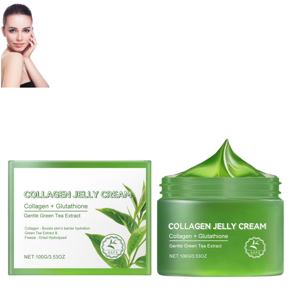 Collagen Jelly Cream with Green Tea, Niacinamide & Hydrolyzed Collagen - Hydrating Anti-Aging Face Moisturizer for All Skin Types | Day & Night Skincare Routine for Glowing Skin