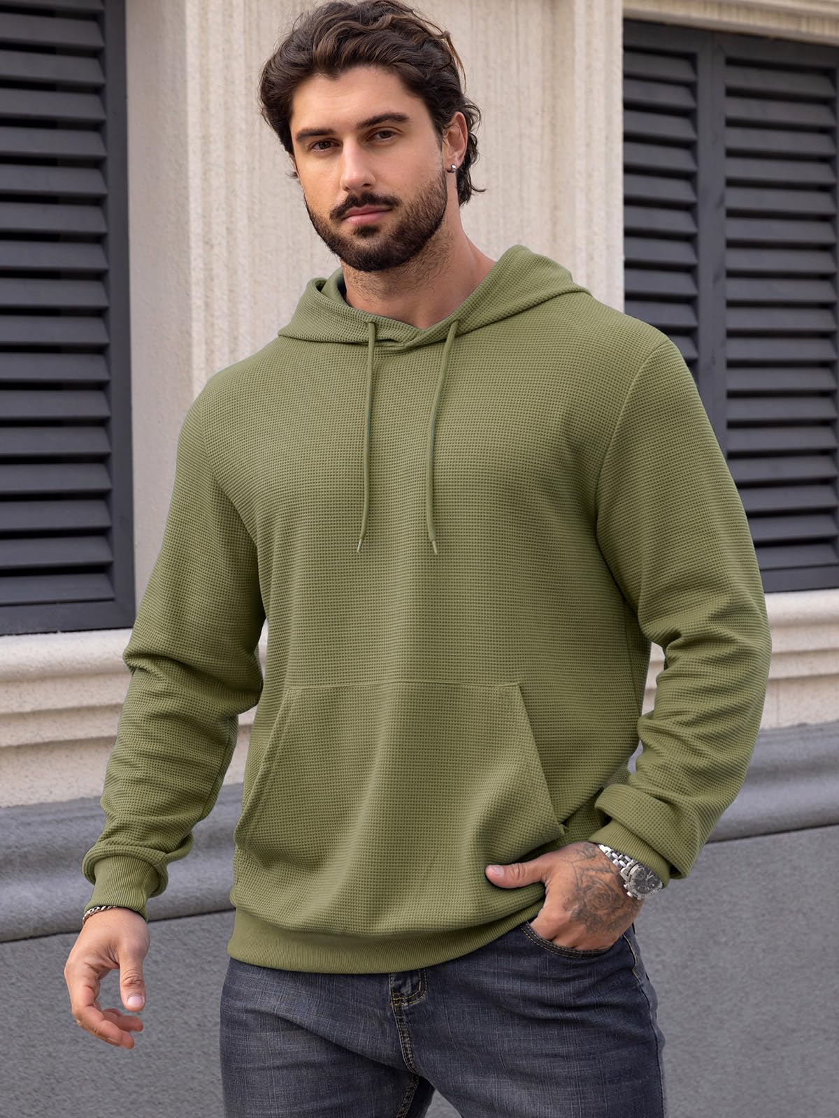 MANSDOUR Men's Casual Long Sleeve Waffle Knit Hoodie with Drawstring & Pocket - Warm Pullover Sweatshirt for Outdoor Activities, Streetwear & Lounge Wear