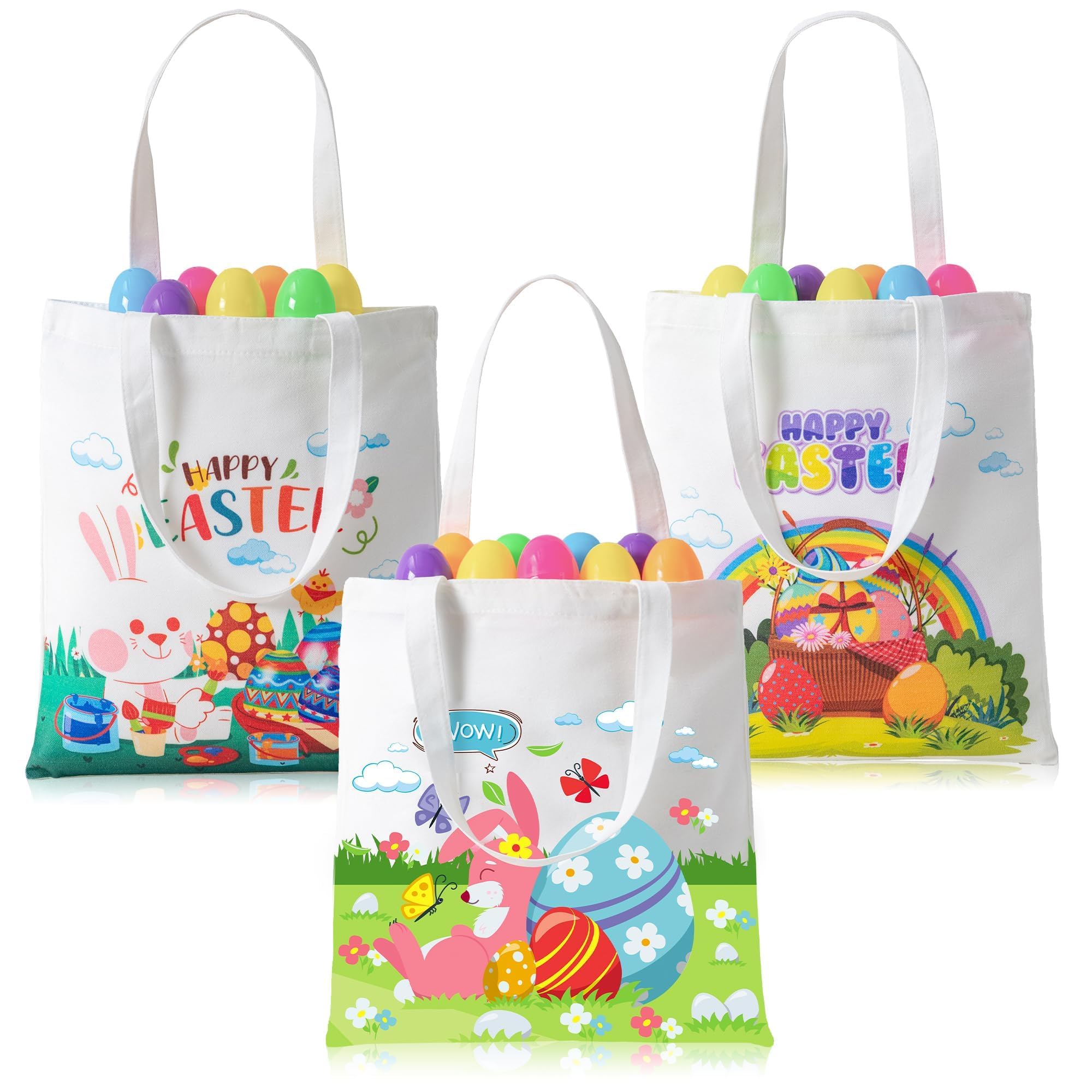 3 Pack Large Easter Canvas Tote Bags with Handles - Reusable Easter Gift Baskets for Kids Egg Hunt, Party Favors & Home Decorations - Perfect for Easter Celebrations, Spring Gatherings and Holiday Gift Giving