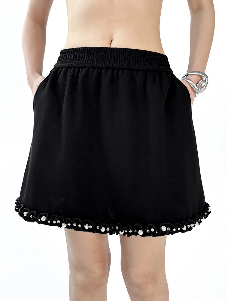 Black Pearl Print T-Shirt & Mini Skirt 2-Piece Set - Round Neck Short Sleeve Women's Fashion Outfit for Spring Summer 2025 | Casual Wear, Street Style, Party Outfit