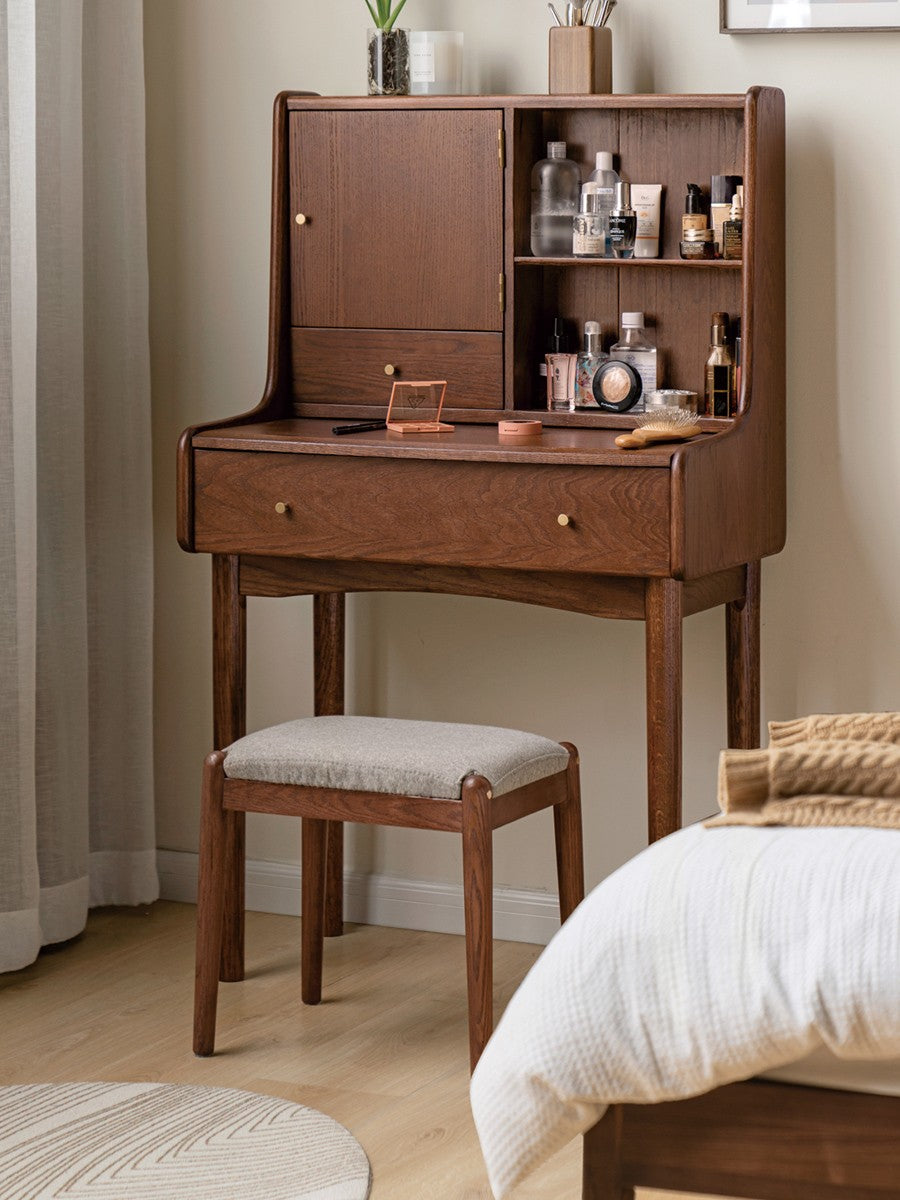 Solid Oak & Birch Wood Makeup Stool - Durable Vanity Seat with Comfortable Cushion for Bedroom, Bathroom & Dressing Room