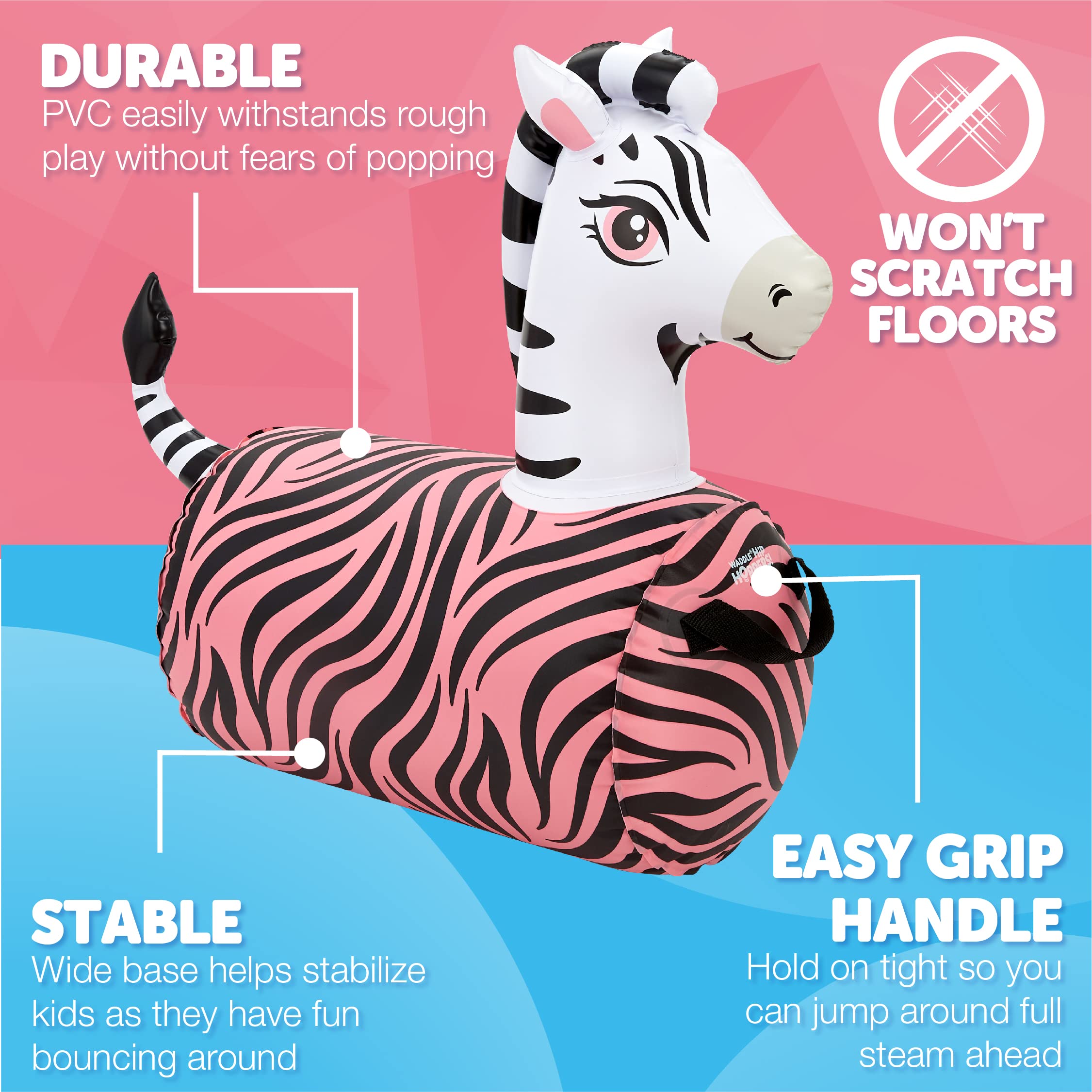 Inflatable Zebra Hopping Animal Bouncer - WADDLE Hip Hopper for Kids Ages 2+ | Fun Outdoor Play, Birthday Parties & Backyard Activities
