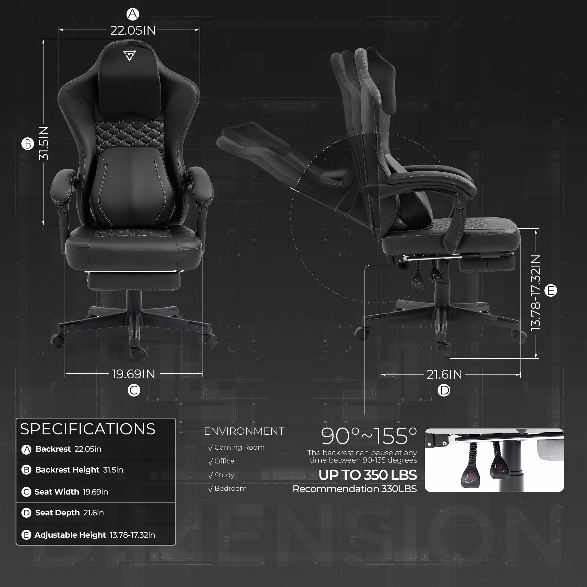 Premium Ergonomic Gaming Chair with Heated Massage & Lumbar Support - Reclining High-Back PC Chair with Pocket Spring Cushion & Footrest for Adults (330lbs Weight Capacity, Black) - Perfect for Esports, Office Work & Home Gaming Setup