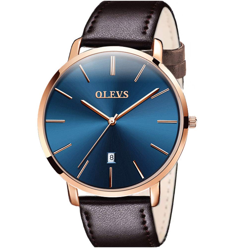 OLEVS Ultra Thin Minimalist Men's Watch - Brown Leather Strap, Waterproof for Daily Wear