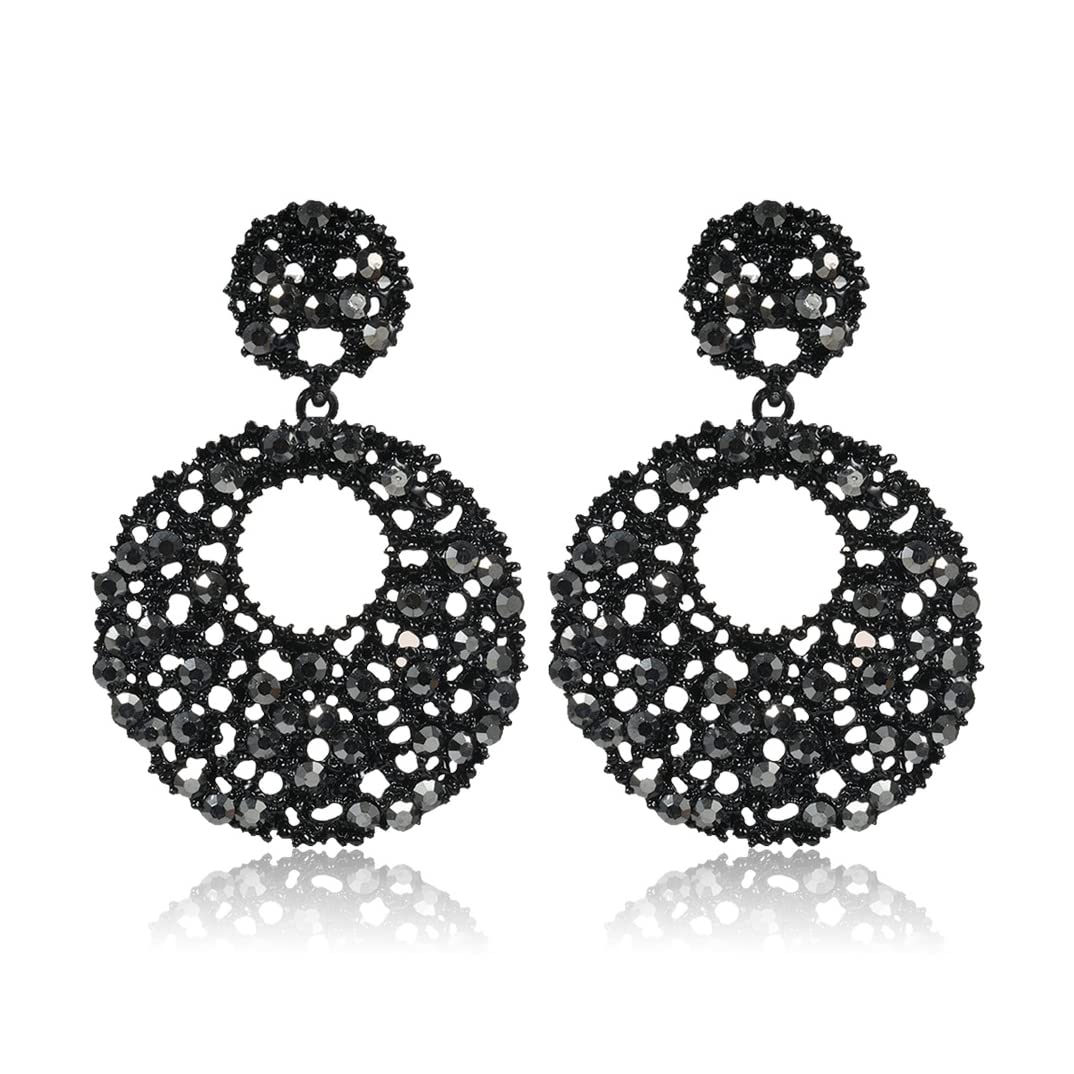 LAXPICOL Round Chandelier Earrings for Women - Sparkling Black Austrian Crystal Drop Dangle Earrings - Elegant Statement Jewelry for Wedding, Party & Prom Night - Perfect for Evening Events & Special Occasions