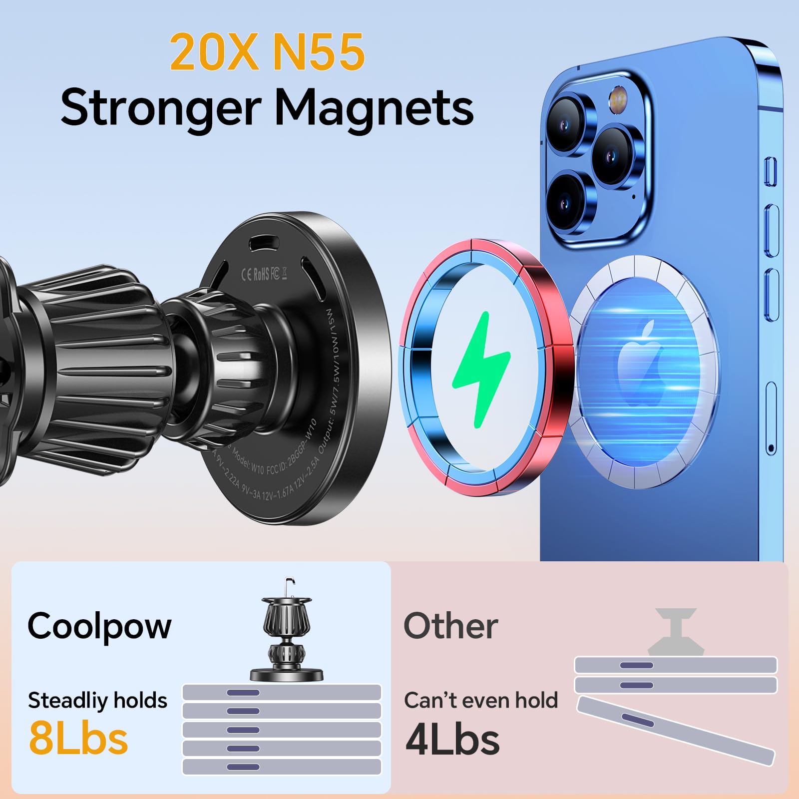 Coolpow Magnetic Wireless Car Charger Mount for iPhone 16/15/14/13/12 Pro Max/Plus - Magsafe Compatible Vent/Dash/Wall Mount with Super Strong Magnet - Perfect for Hands-Free Charging While Driving